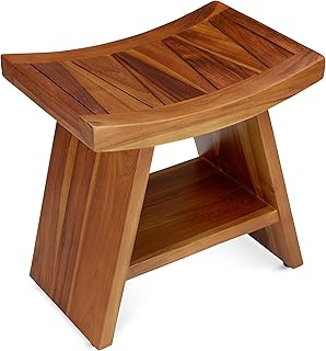 TeakCraft Teak Shower Stool with Shelf – Water Resistant, Non-Slip Premium Indonesian Teak Wood Bath Seat Bench for Shower – Fully Assembled Wood Spa Bath Organizer Seat with Leveling Feet, The Randi