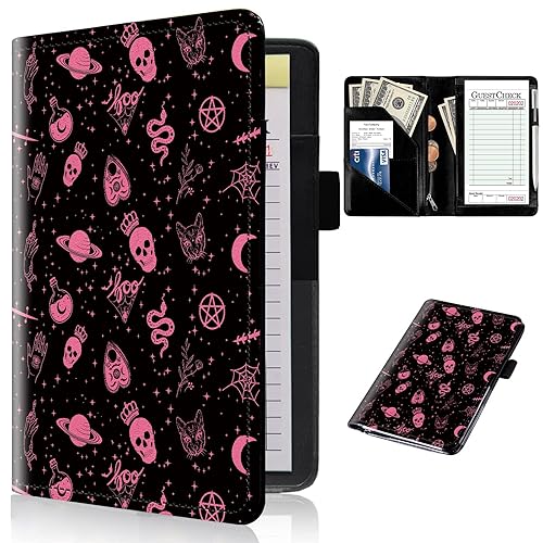Libros de servidor para camarera con bolsillo con cremallera - Libro de camarera verde bruja gótica pastel, folleto de cuero, organizador de dinero,