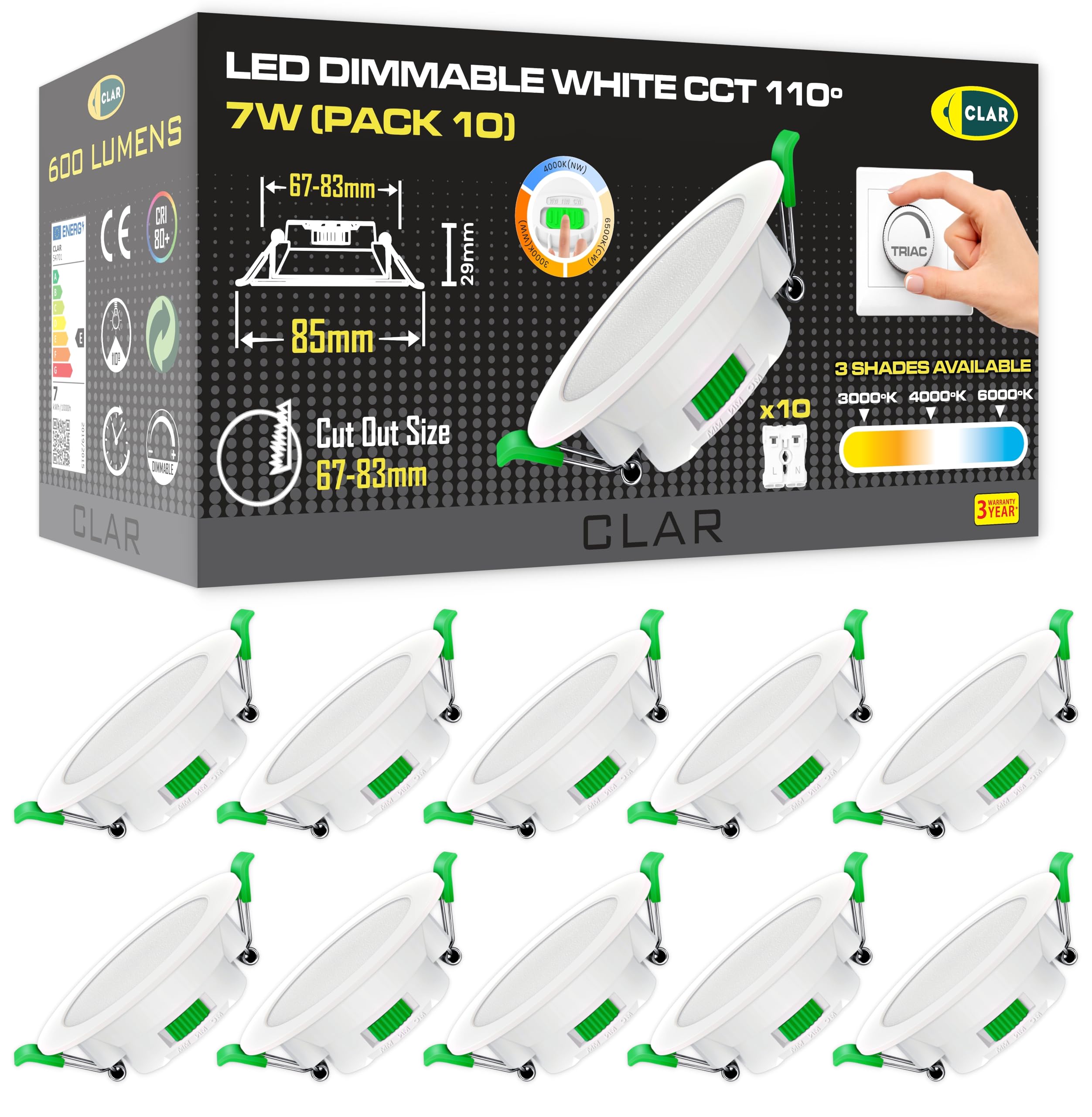 CLAR - Recessed LED oświetlenie sufitowe, oświetlenie sufitowe LED, oświetlenie sufitowe, przyciemniane 7W Downlight, 3 kolory, białe (opakowanie 10)