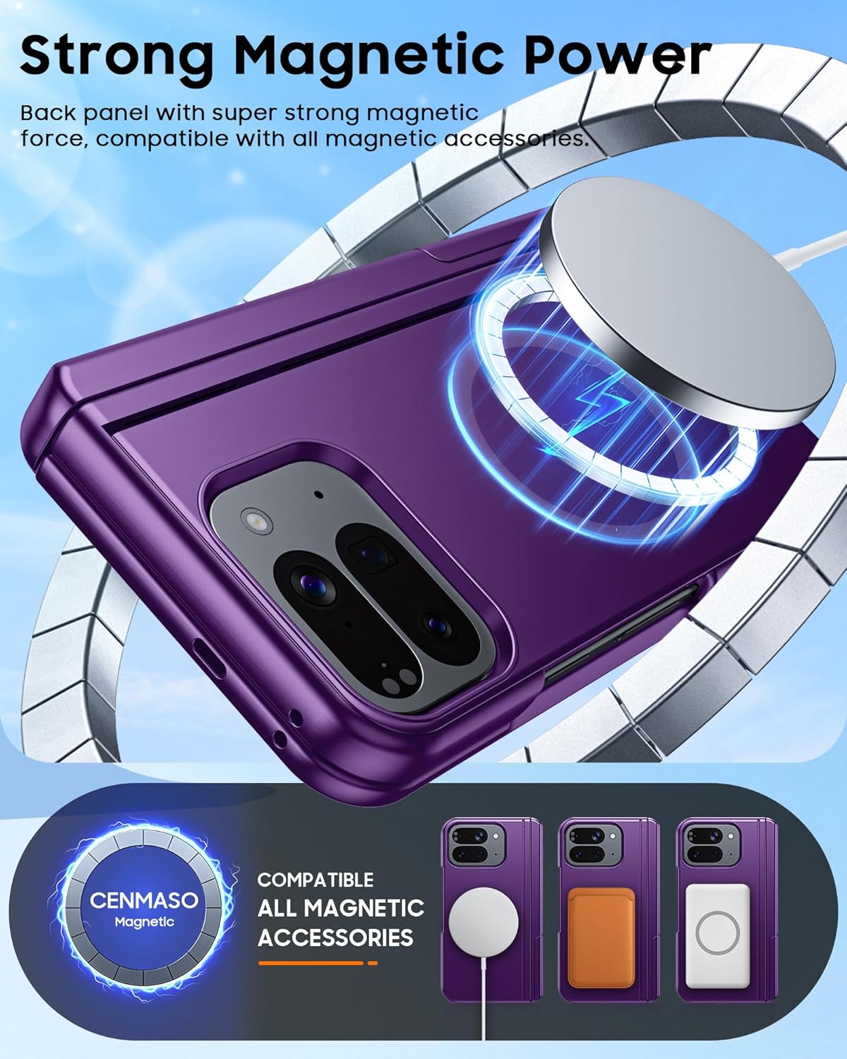 CENMASO Magnetic for Google Pixel 10 Pro Fold Case with Stand,Fit for Magsafe, Hinge Protection, Built-in Dual Hidden Kickstand, Screen Protector, Shockproof Phone Case for Pixel 10 Pro Fold (Purple)