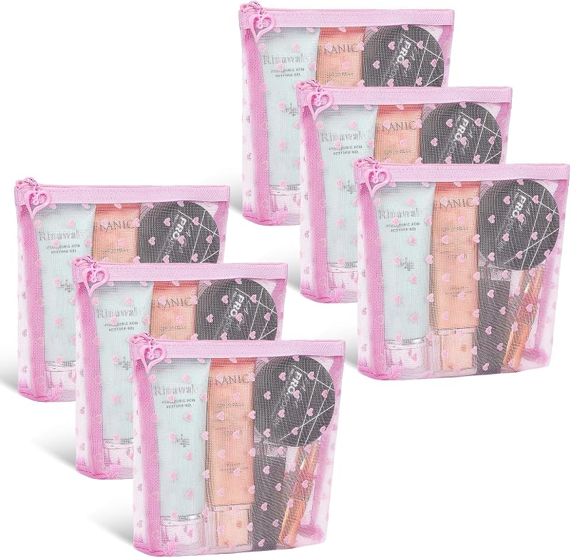 Necessaires de maquiagem em tela de nylon Fassave com zíper e estampa de coração, Widened-Pink, tamanho S, pacote com 6
