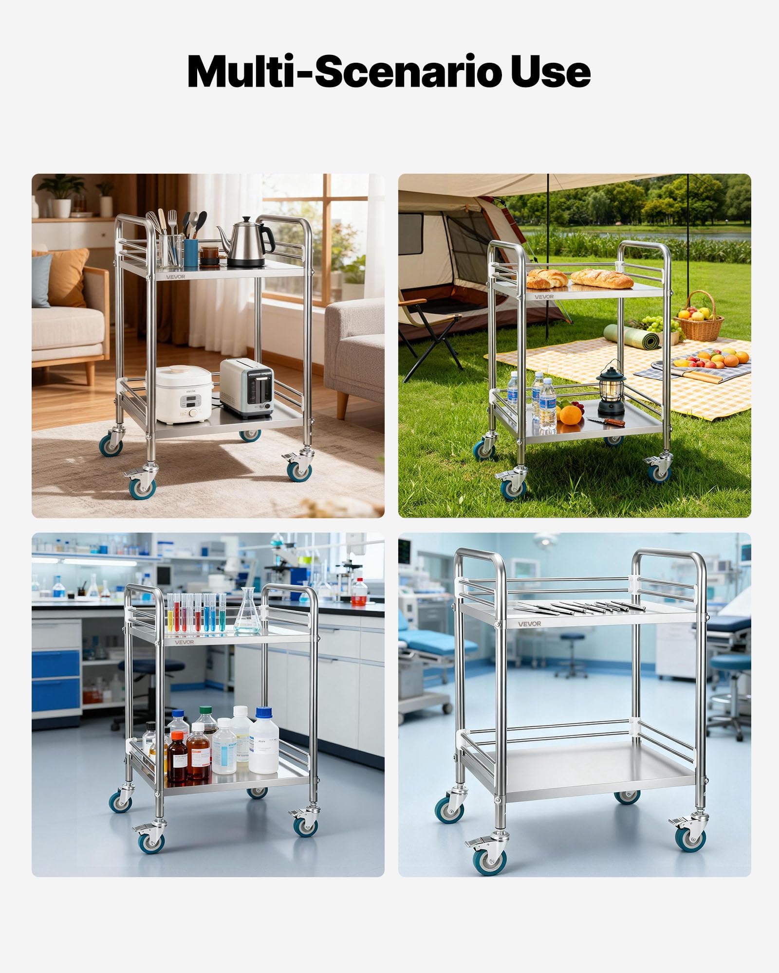 VEVOR Chariot de Service Utilitaire à 2 Niveaux, Desserte en INOX avec Roues Verrouillables, pour Soins Médicaux Hôpital Clinique Restaurant Cuisine et Salon de Coiffure, Chariot de Laboratoire