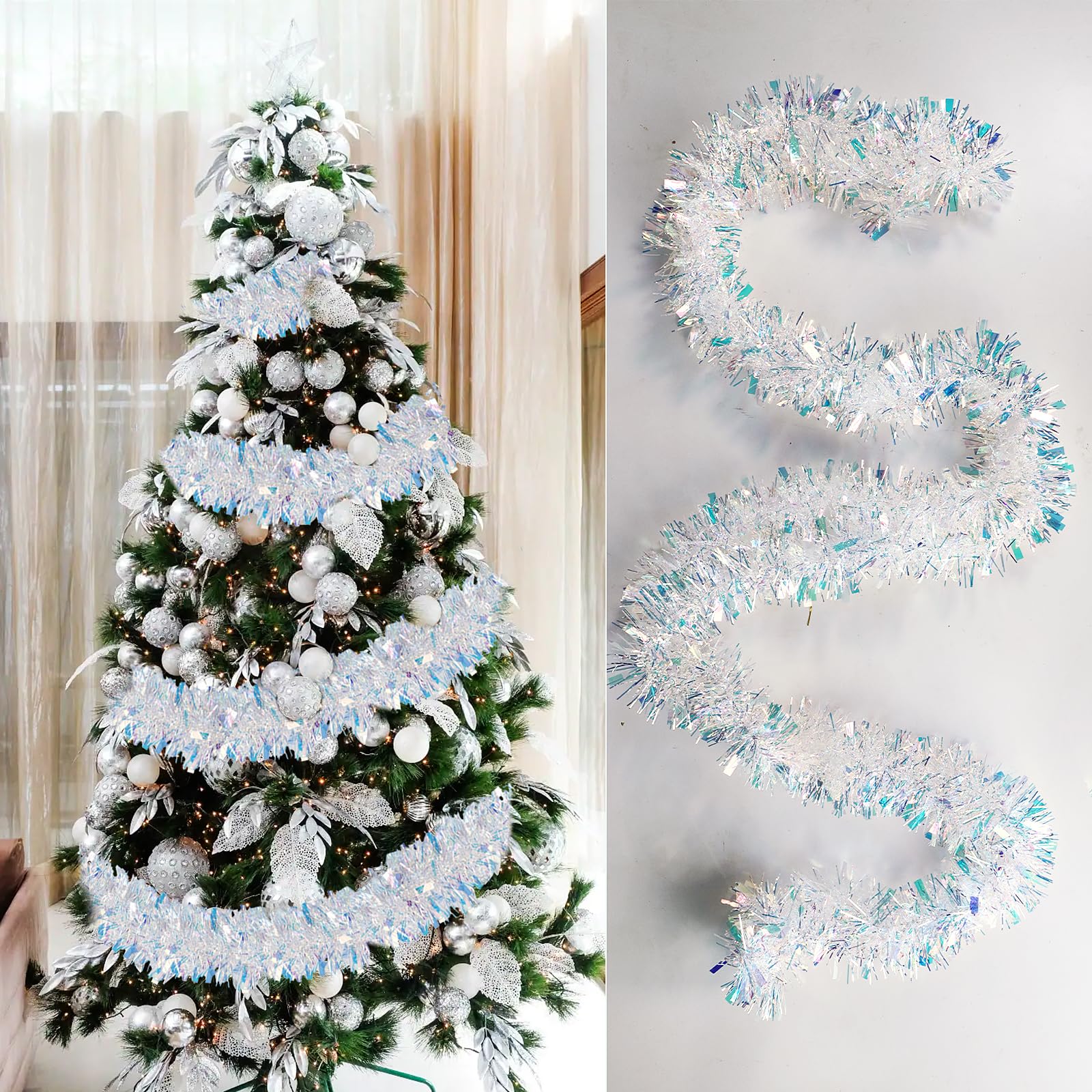 GEBETTER 6Pcs x 2m Guirnaldas Navidad, Espumillon Árbol Navidad, Oropel Efecto Holográfico, Decoración Navideña Adorno Escalera Chimenea Pared Techo Ventana Hogar Fiesta Regalo (Blanco)