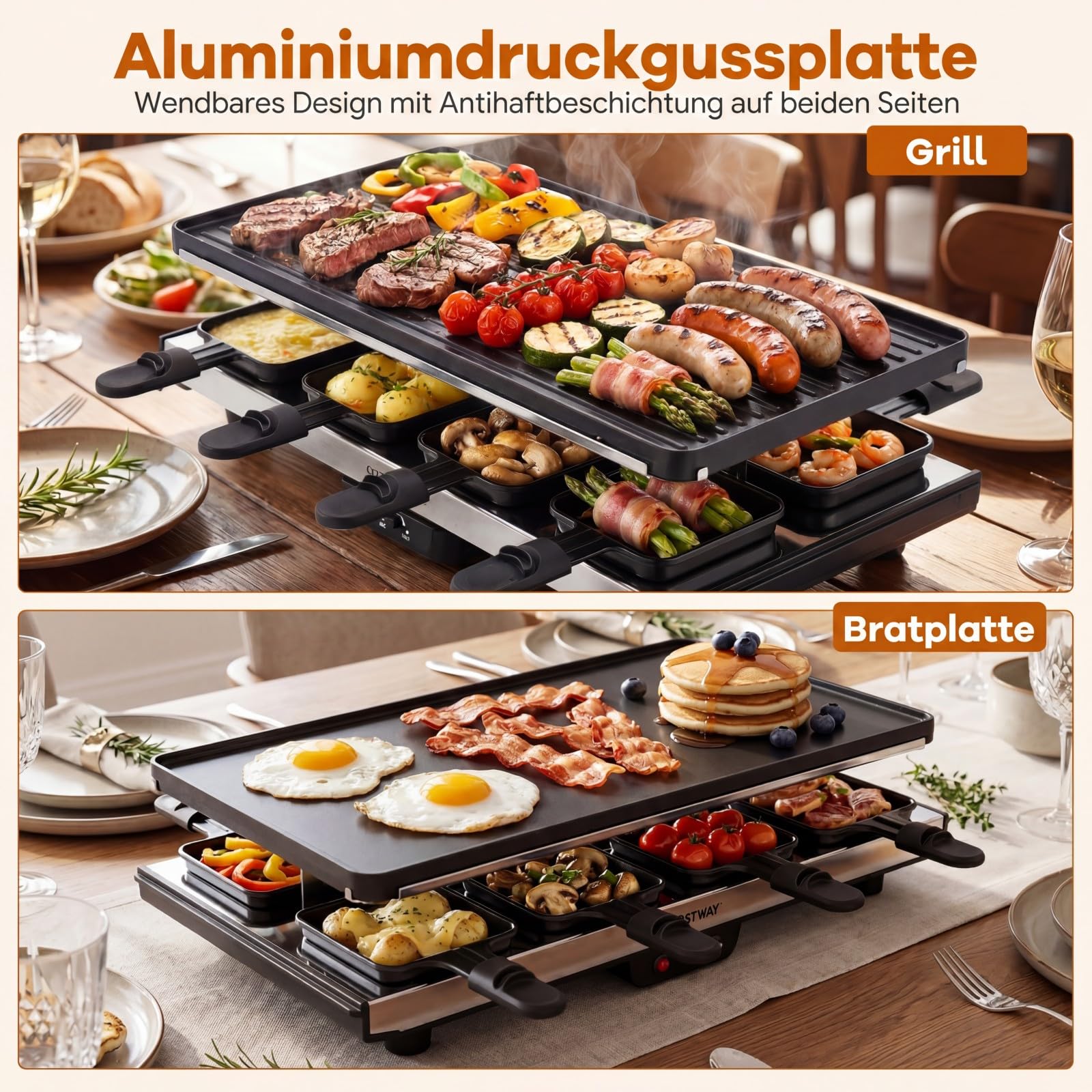COSTWAY Grill raclette dla 8 osób, elektryczny grill z dwustronną nieprzywierającą płytą grillową 2 w 1 i regulowaną regulacją temperatury, w zestawie 8 patelni, 8 drewnianych szpatułek i szczypcami
