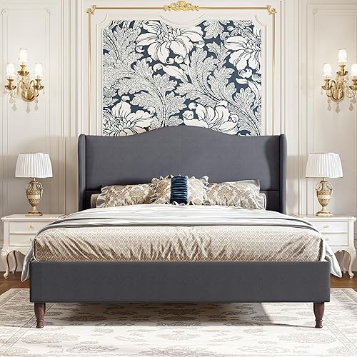 Miniatura 10 de koorlian Marco de Cama Tamaño Queen Cama Plataforma Tapizada con Cabecera Alta de 51" con Respaldo Alado, Tela Suave, Cama Plataforma de Estilo