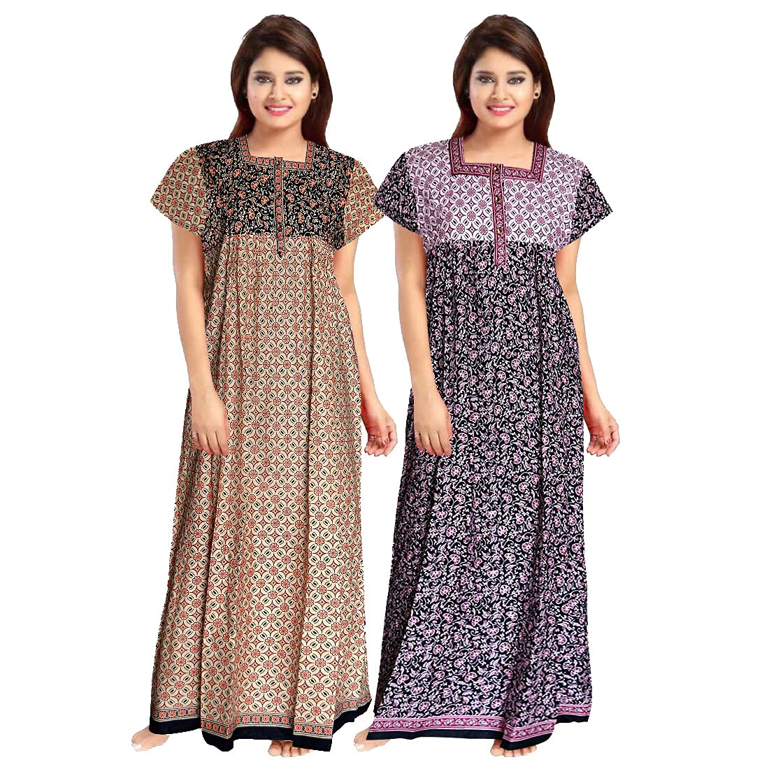 Trendy FabWomen's Cotton Printed Maxi Nighty (Pack of 2) (ComboNT6302 XL_Multicolor_XL)