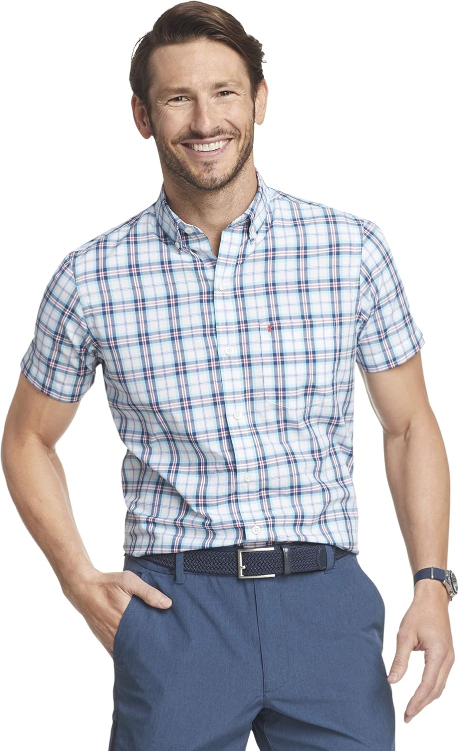 IZOD Men's Breeze Short Sleeve Button Down Plaid Shirt Small Bachelor Button