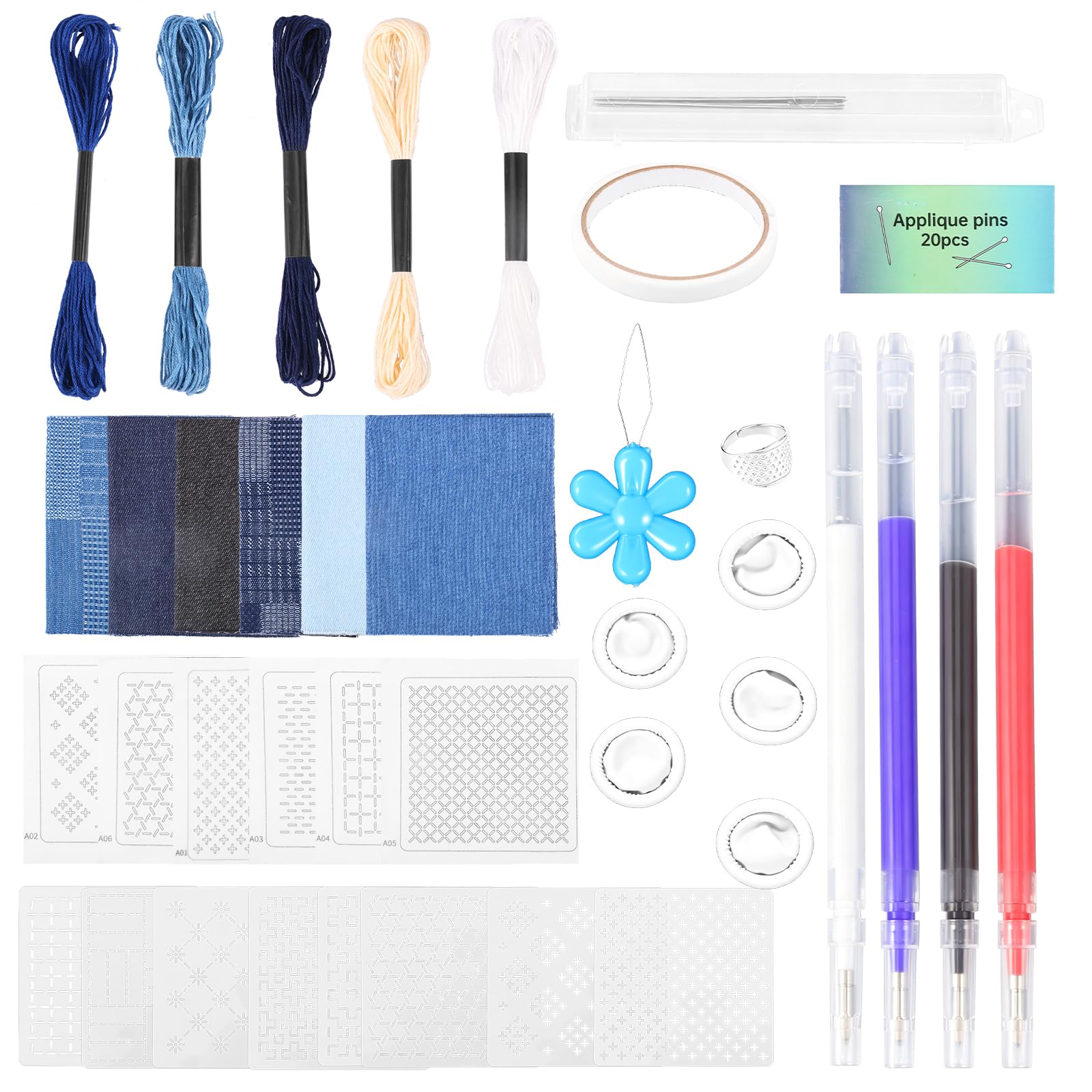 Sashiko Kit,Sashiko Embroidery Templates,Water-Soluble Fabrics with Patterns,Embroidery Thread and Needles,Thimble for Beginners Hand Quilting and Mending, Sewing Supplies(Style 2)