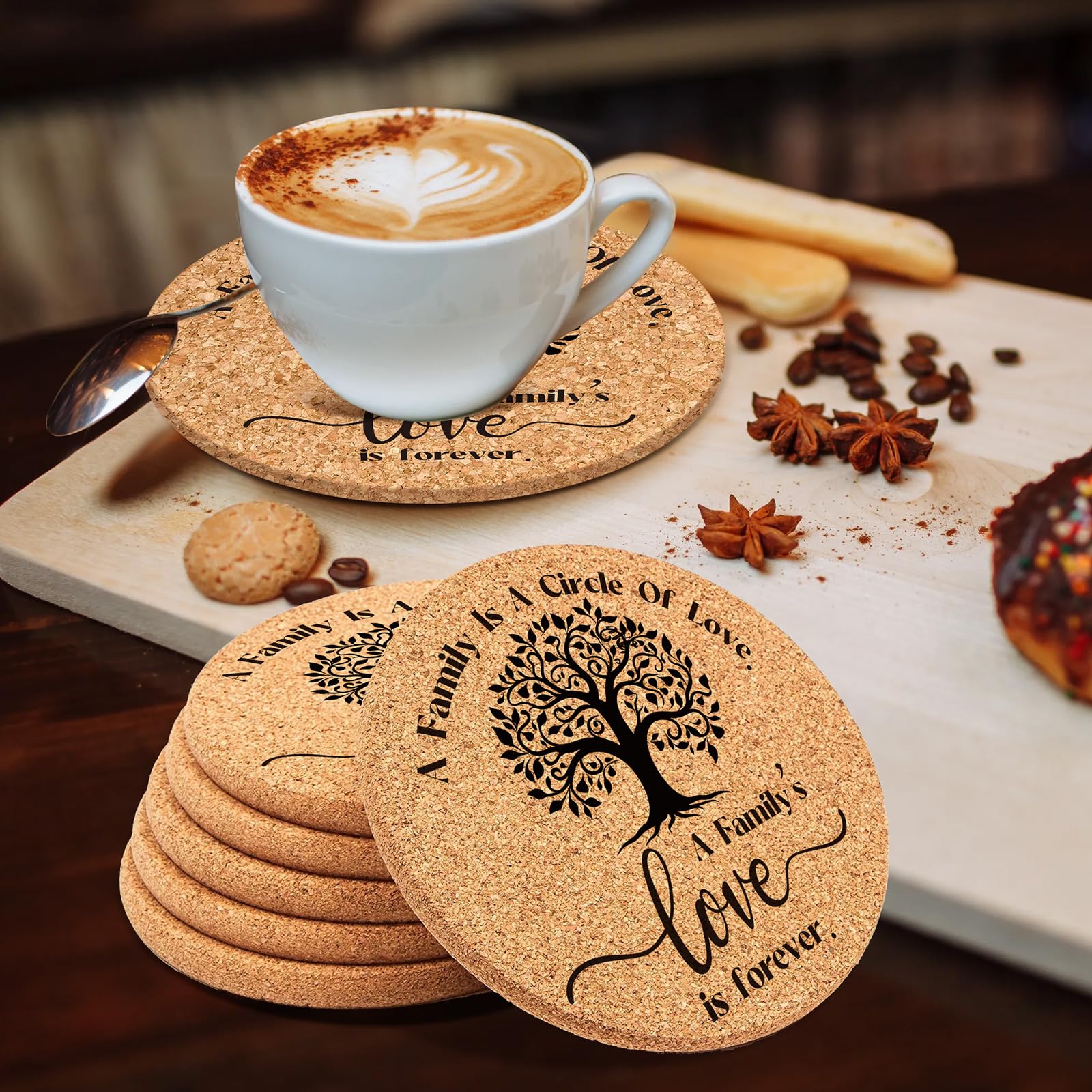 Set di 50 sottobicchieri in sughero assorbenti con scritta "A Family is a Circle of Love", con biglietti regalo e sacchetti regalo in organza, per riunioni di famiglia