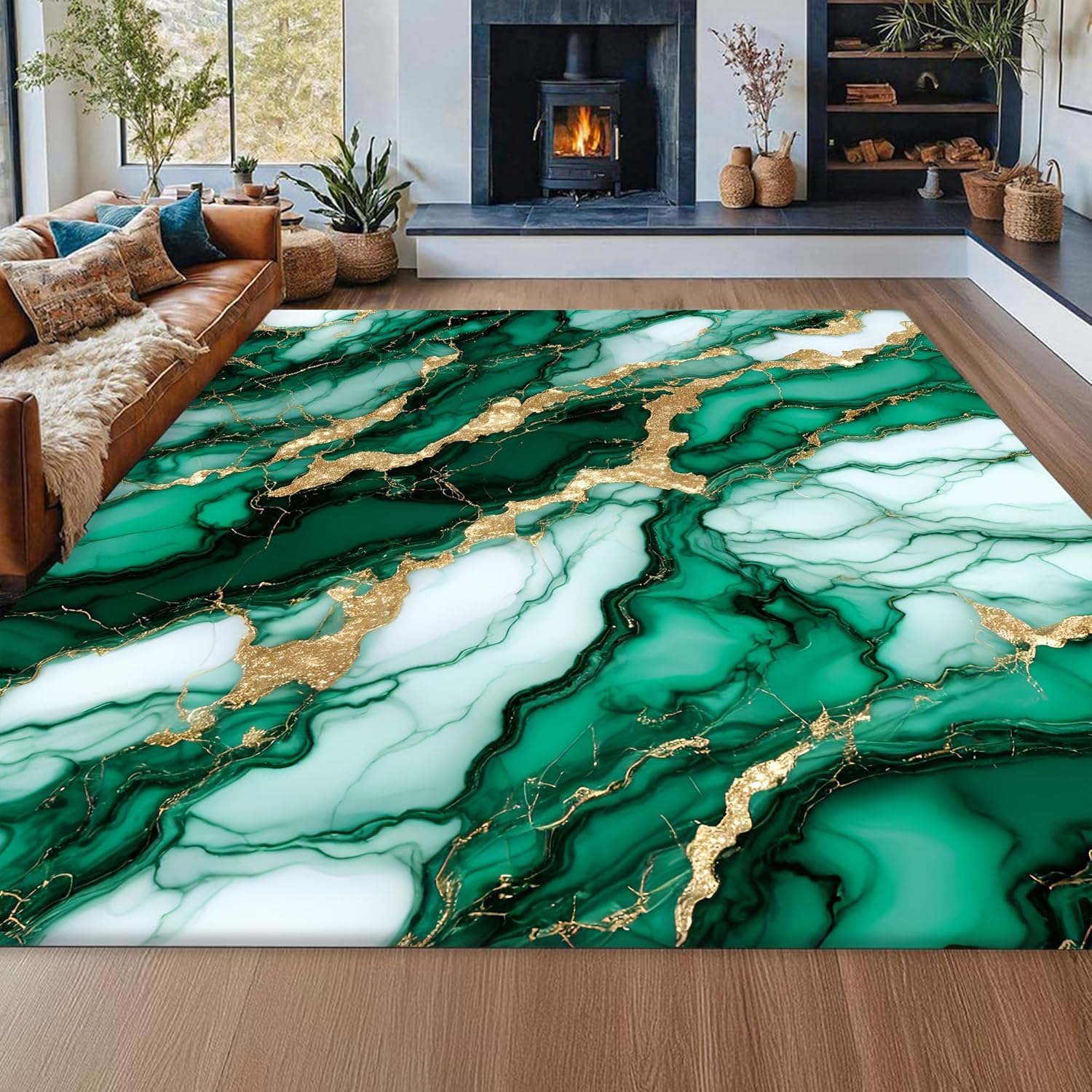 Kuluoits Washable Emerald Green Marble Area Rug 70x140cm Abstract Fluid Gold Foil Design Soft Floor Mat, Rectangular Non-Slip Non-Shedding for Living Room Bedroom Lounge Dining Room Bedside Easy Care
