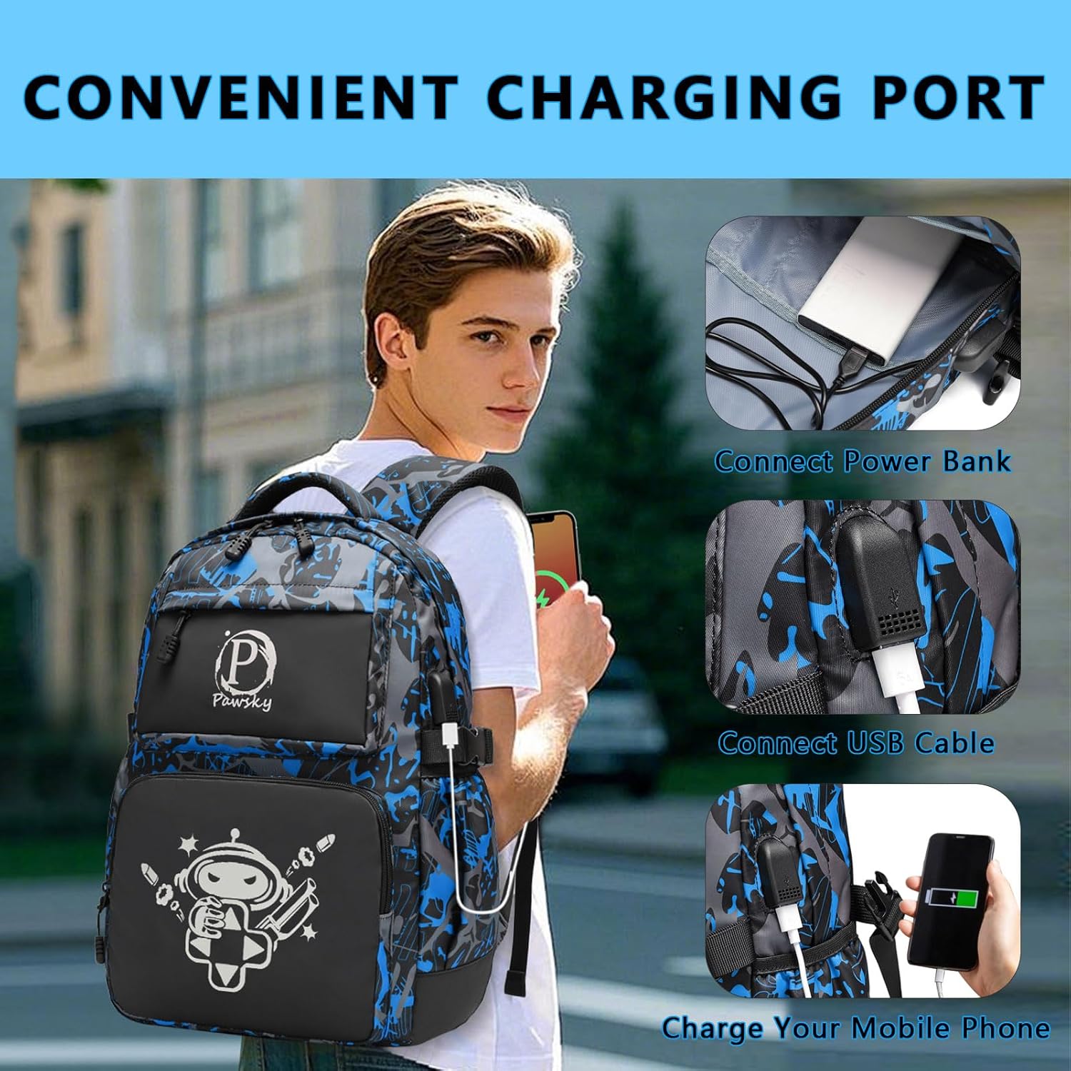 School Backpack for Teen Boys, Kids Backpack Cool Luminous Backpack with USB Charging Port, Lightweight Laptop Bag with Sling Bag Set, Blue - Image 4