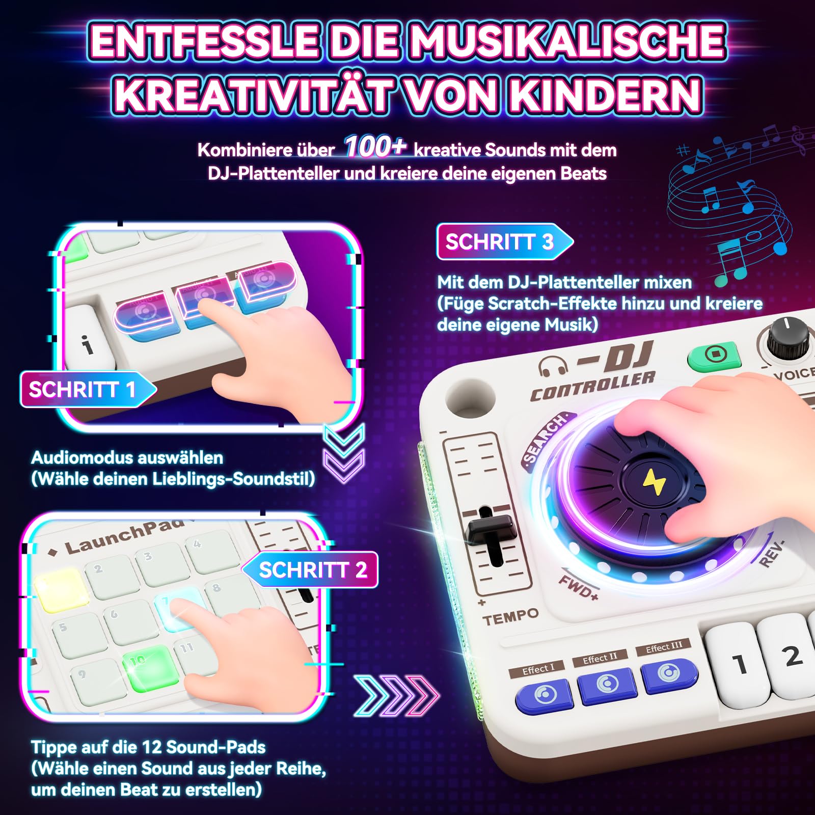 DJ Pult Kinder, DJ Controller, DJ Mischpult Kinder, DJ Mixer mit Aufnahmefunktion, Mikrofon, 100+ Soundeffekten, realistisches DJ Turntable & Drum Pads, Geschenk für Jungen Mädchen 3-12 Jahre, Weiß
