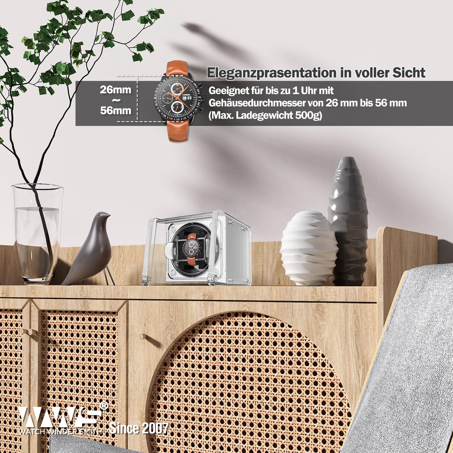 Watch Winder Smith Uhrenbeweger mit Mittelrotationsstoppfunktion - Uhrenbeweger für 1 Uhr - für großen Herren Automatikuhren
