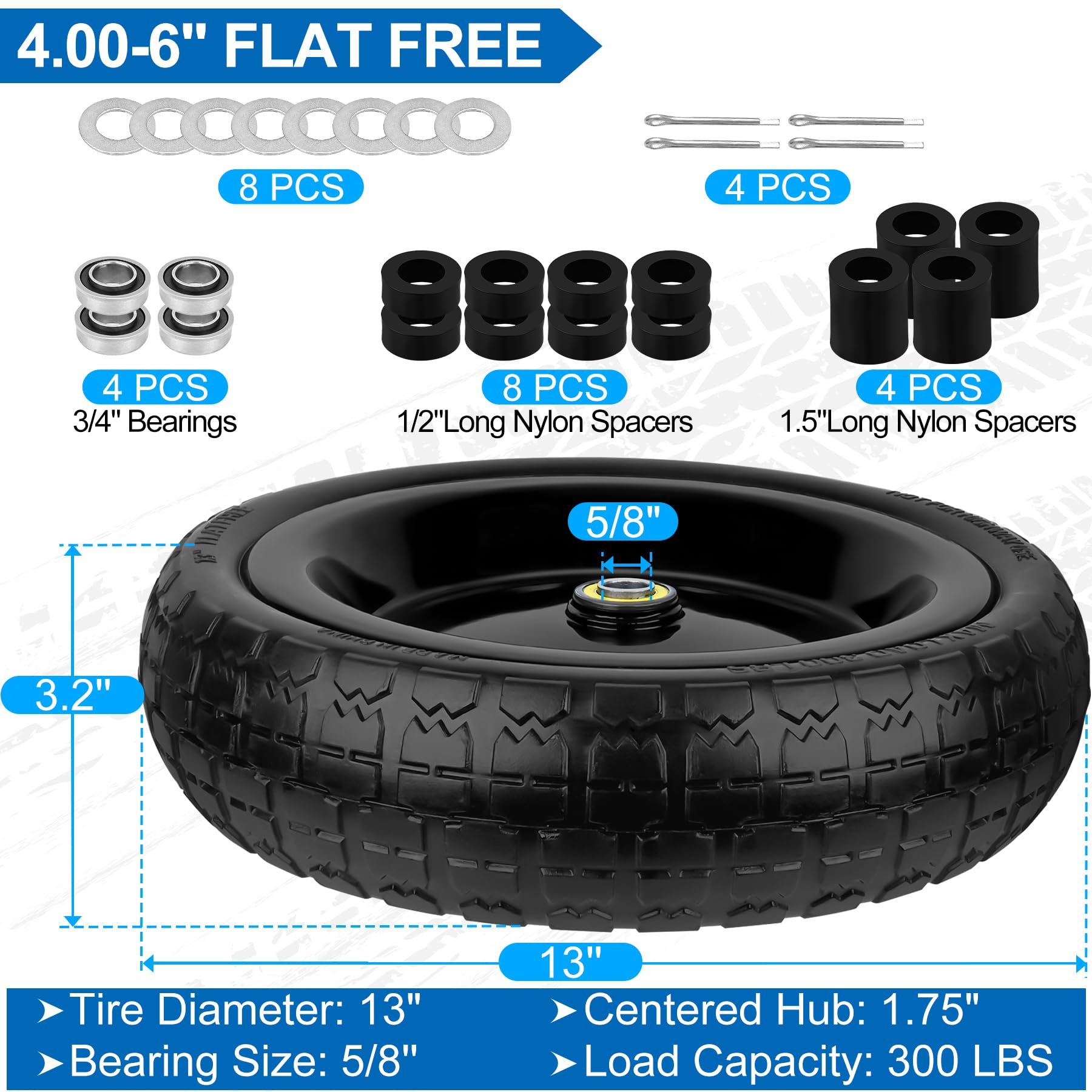 Condition photo showing New/Like New for 13 inch flat free wheels tires 4.00-6 solid replacement with universal 5/8" axle bore hole, 8 spacers and 4 pins, for wheelbarrow, garden wagon, hand truck, trolley, lawn mower, 2 pack