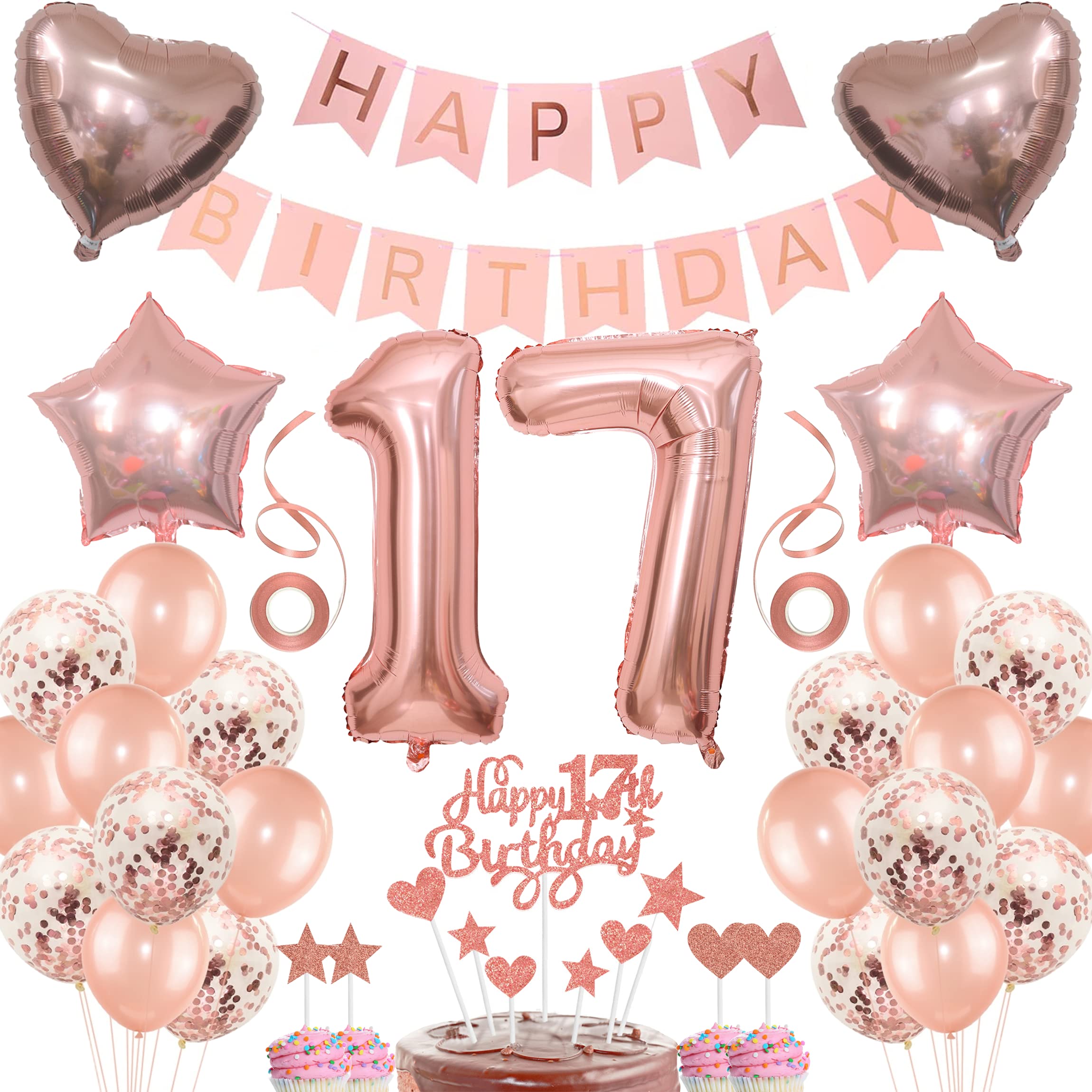 Rose Gold 17th Birthday Girl Decoration - Cake Topper, Balloon, Gift Set โ image 1