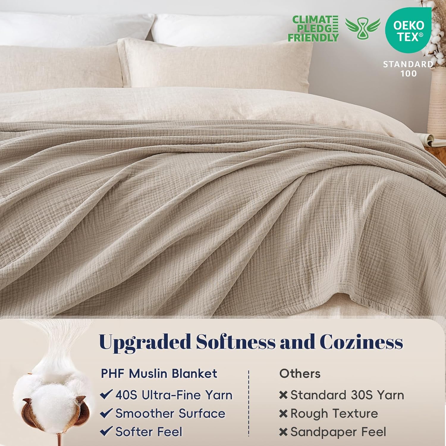 PHF 100% Cotton Muslin Blanket King Size 108"x90", 4-Layer Lightweight Gauze Throw, Breathable Cloud-Soft Minimalist Blanket for Bed, Couch, Camping & Baby, Taupe, Ideal Gift - Image 4