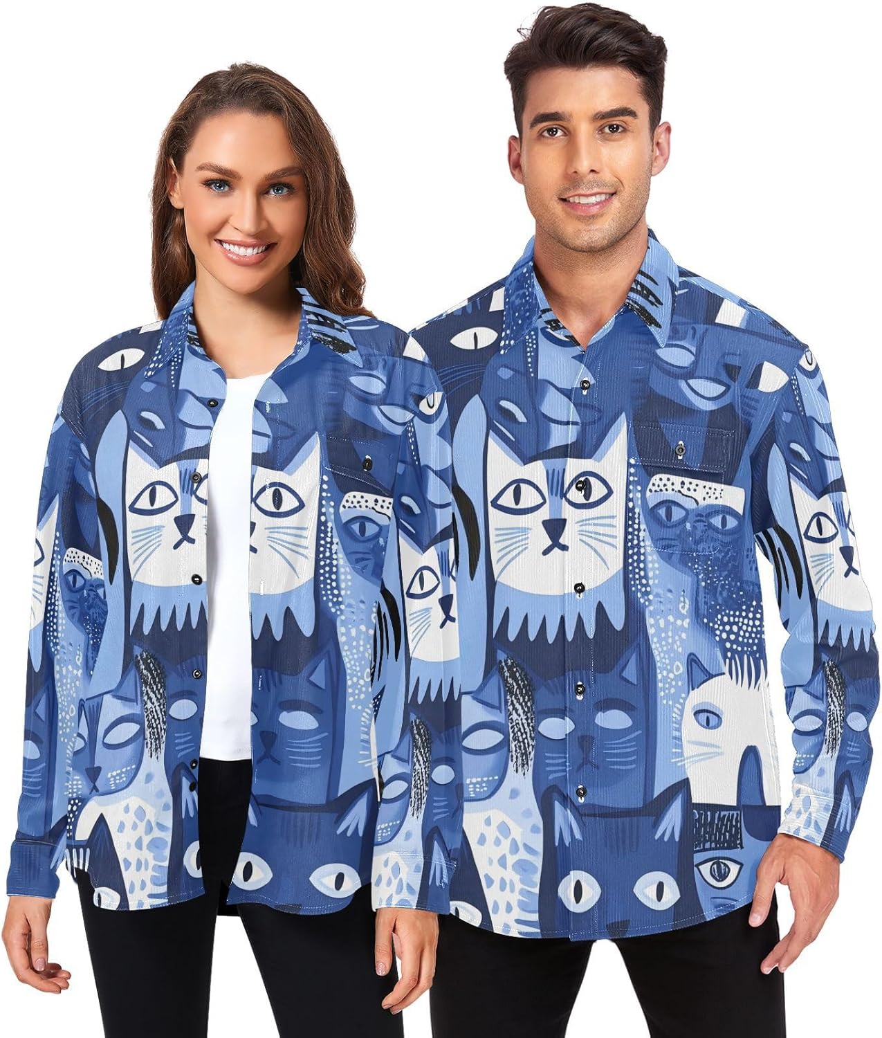 Cute Cartoon Blue Cats Woolen Cord Fabric Mens Rugby Shirts Long Sleeve for Women Vacation with Pockets