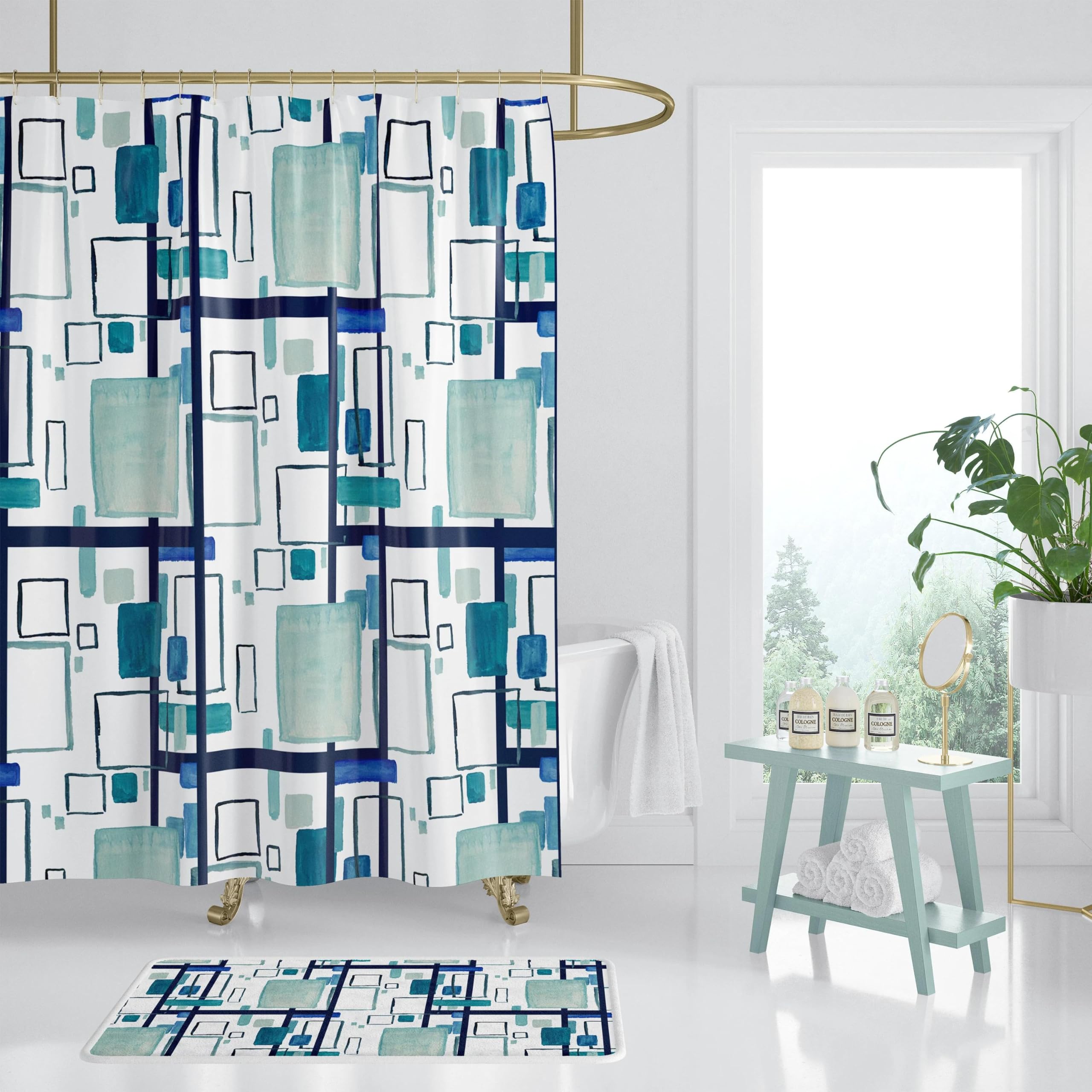 Modische geometrische Duschvorhänge | Blaugrün-weiße Mid-Century-Modern-Duschvorhänge,Badezimmerdekor mit 12 Kunststoffhaken,213 x 175 cm (B x H)