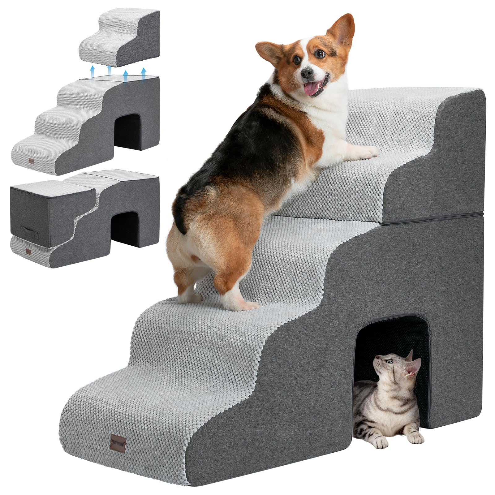 Dog Stairs for High Beds with Tunnel, 5-Step Dog Steps for Small Dogs and Cats, Foldable Pet Stairs for High Bed Climbing, Non-Slip Balanced Pet Step Indoor, Light Grey