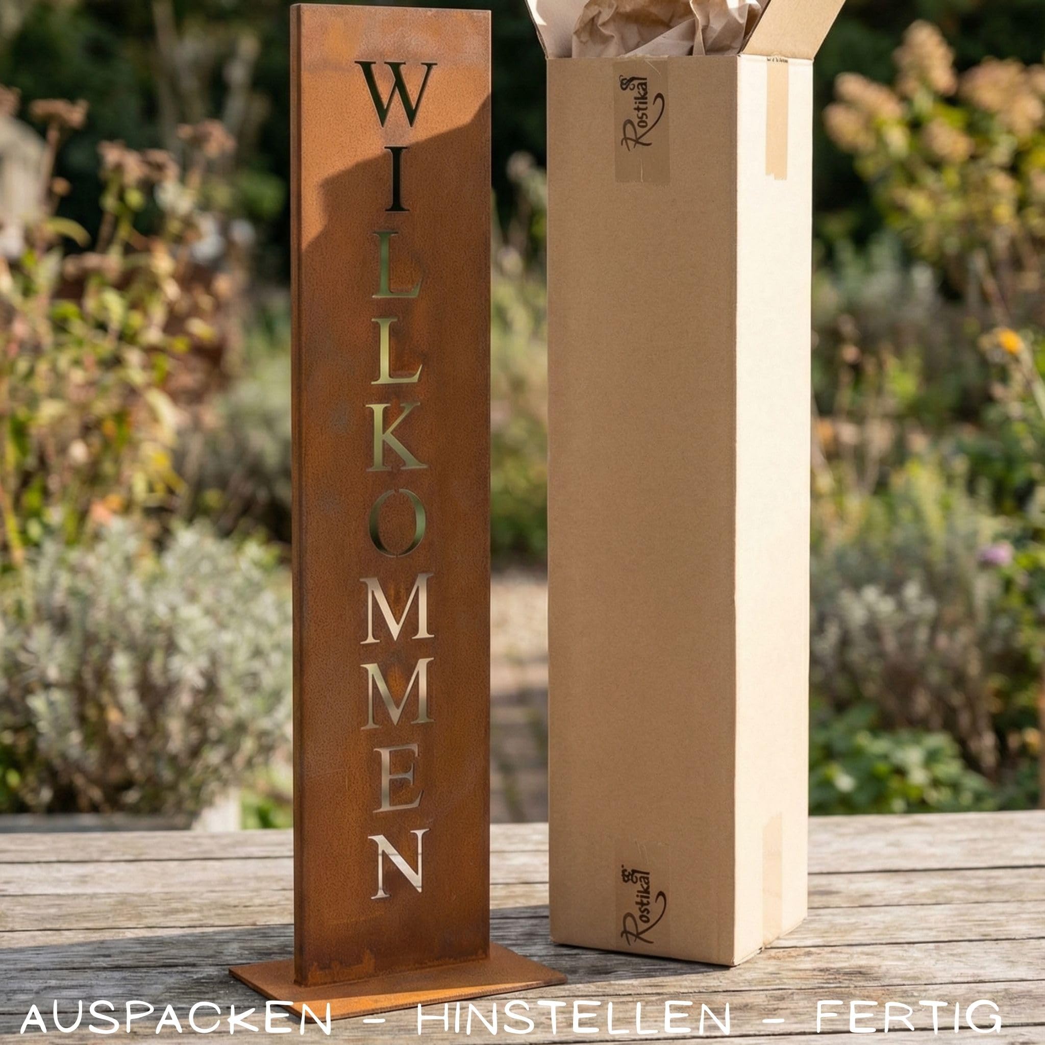 Rostikal Willkommensschild Rost 71 cm Edelrost Gartendeko Türschild Haustür | Herzlich Willkommen Schriftzug zum Hinstellen - rostige Deko für Eingangsbereich, Wohnzimmer, Terrasse und Garten