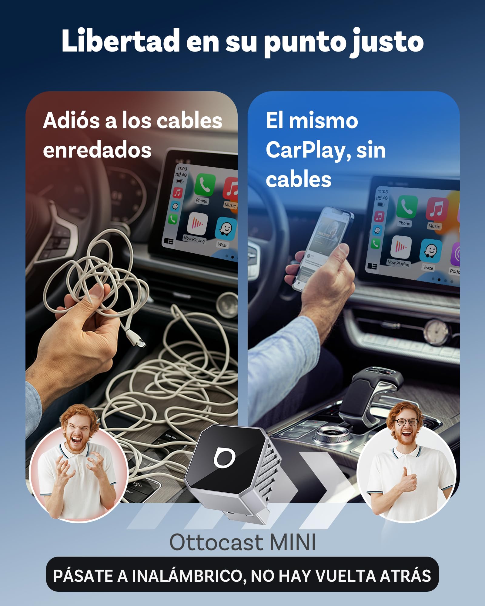 OTTOCAST 2026 Upgrade Mini Cube, 2en1 Adaptador Inalámbrico CarPlay & Android Auto, Plug & Play, 2.4G+5G, Reconexión Automática, Compatible con Coches Desde 2016 con CarPlay/Android Auto por Cable