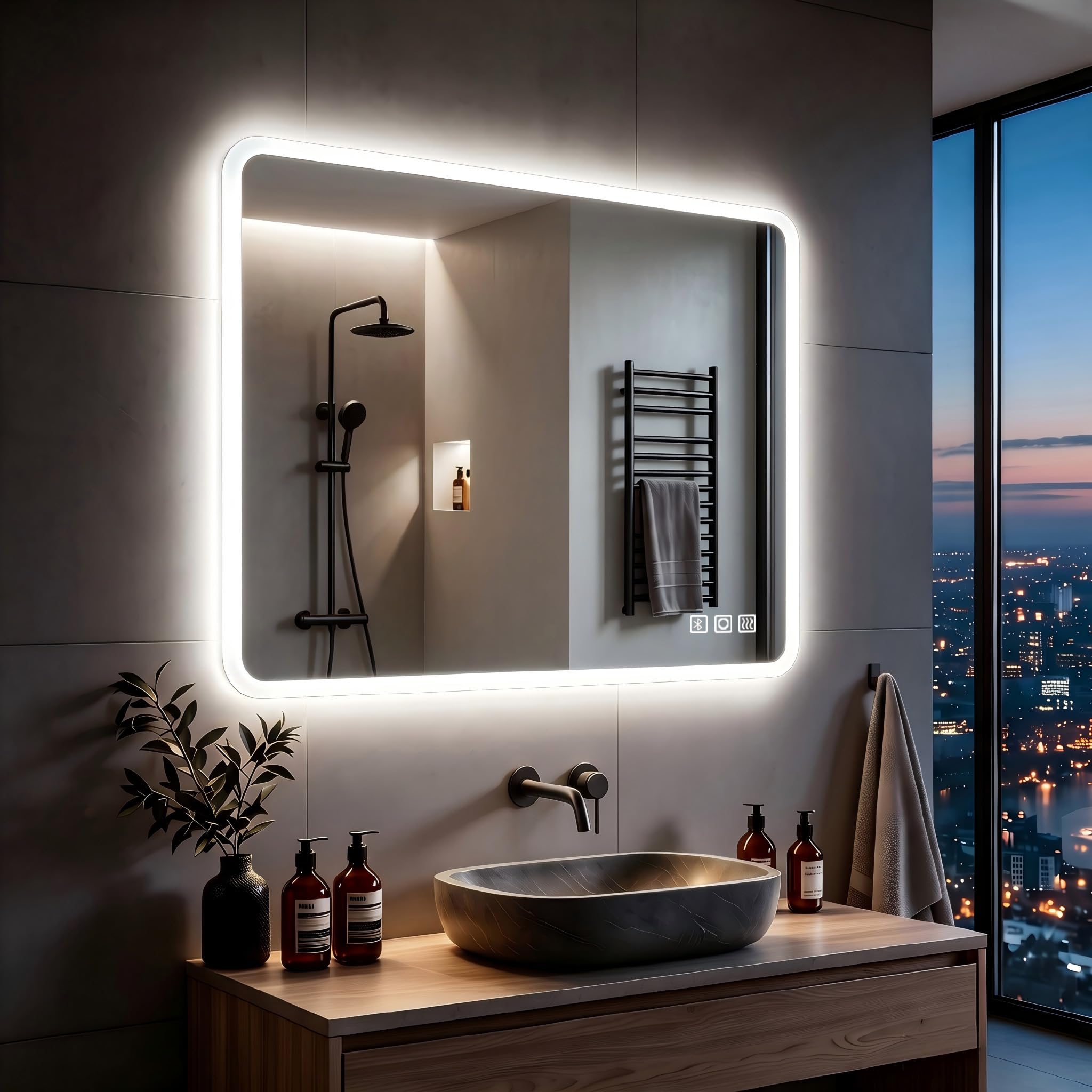 MIQU Badspiegel LED 80 x 60 cm Badezimmerspiegel mit Beleuchtung Groß Spiegel mit Licht Touch dimmbar Rechteckig Wandspiegel mit Bluetooth + Steckdose +Beschlagfrei + 3 Lichtfarben