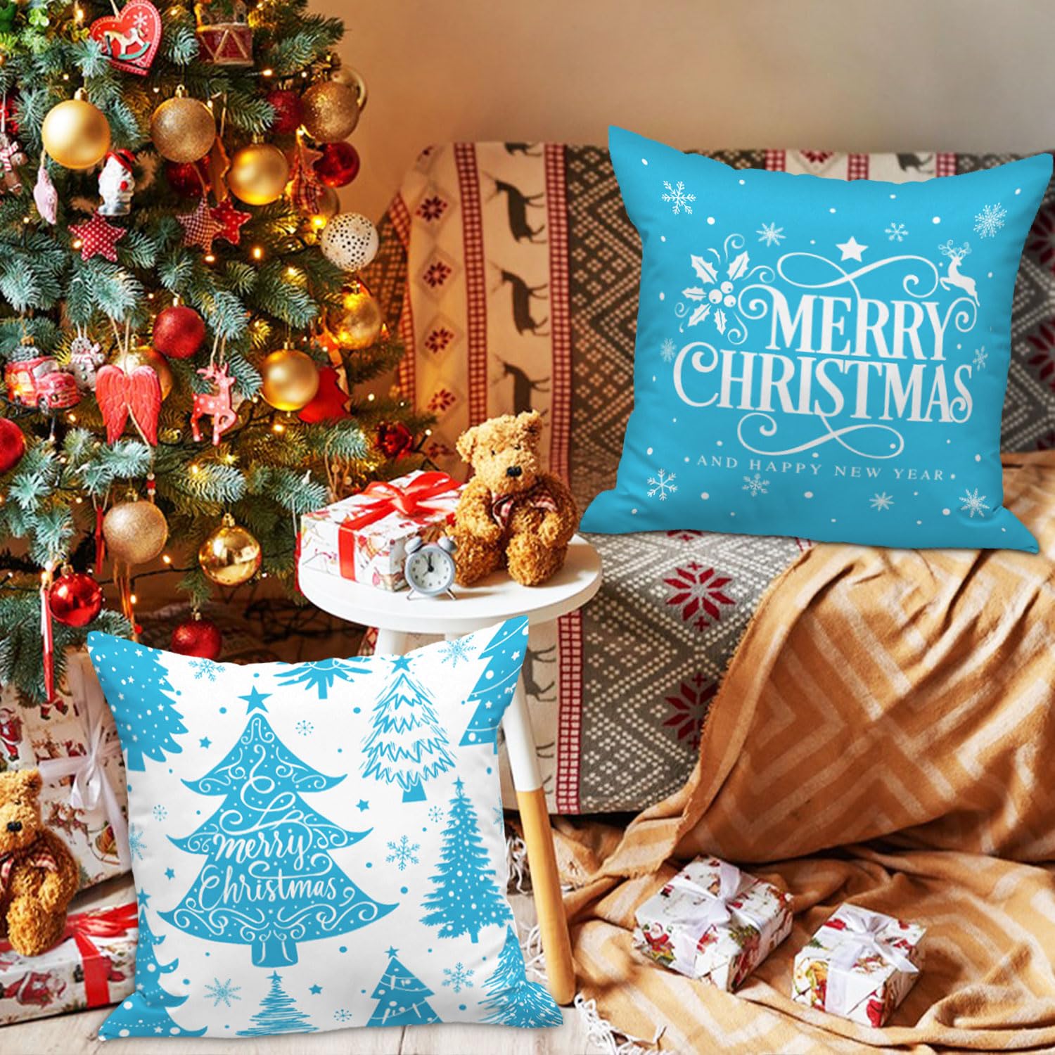 Lanpn White and Blue 45x45 Christmas Pillow Covers Set of 4 - Image 2