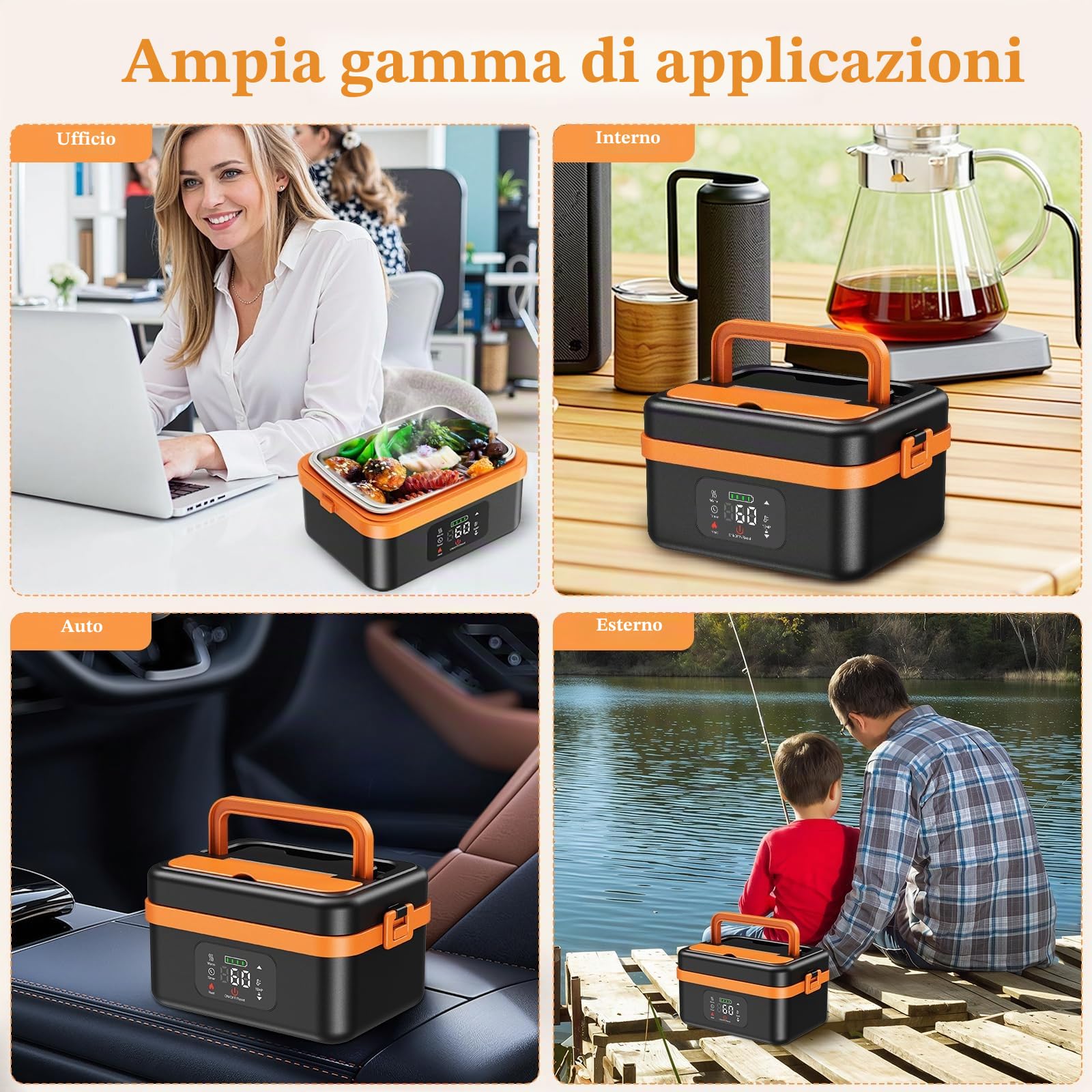 Scaldavivande a Batteria Ricaricabile, 1L Scalda Vivande a Batteria Ricaricabile, 16000 mAh , Scaldavivande Portatile con Stoviglie e Sacchetto Isolato per Ufficio, Picnic, Auto e uso All'aperto
