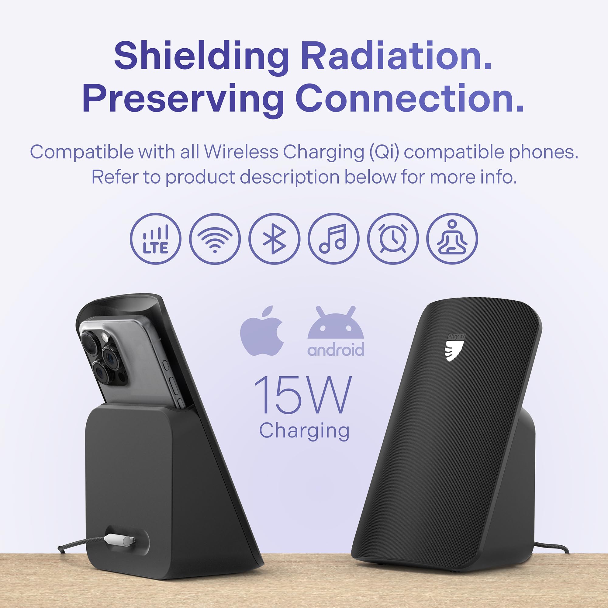 Elvy Advanced EMF Blocker Qi Cargador inalámbrico: Dispositivo de Ayuda para Dormir con protección EMF, Cargador rápido y Compatible con Qi con Bloqueador de radiación para teléfonos celulares (Negro