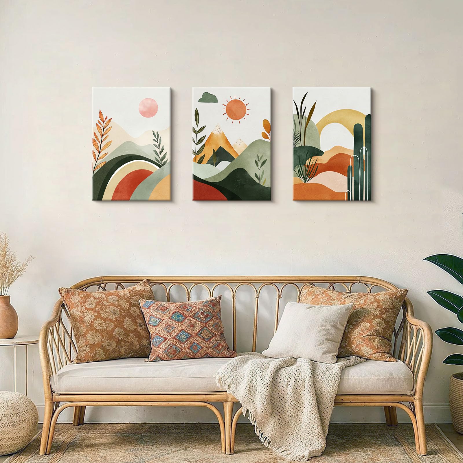 3 Pcs Green Boho Mountain Sun Illustration Canvas Wall Art - Image 3