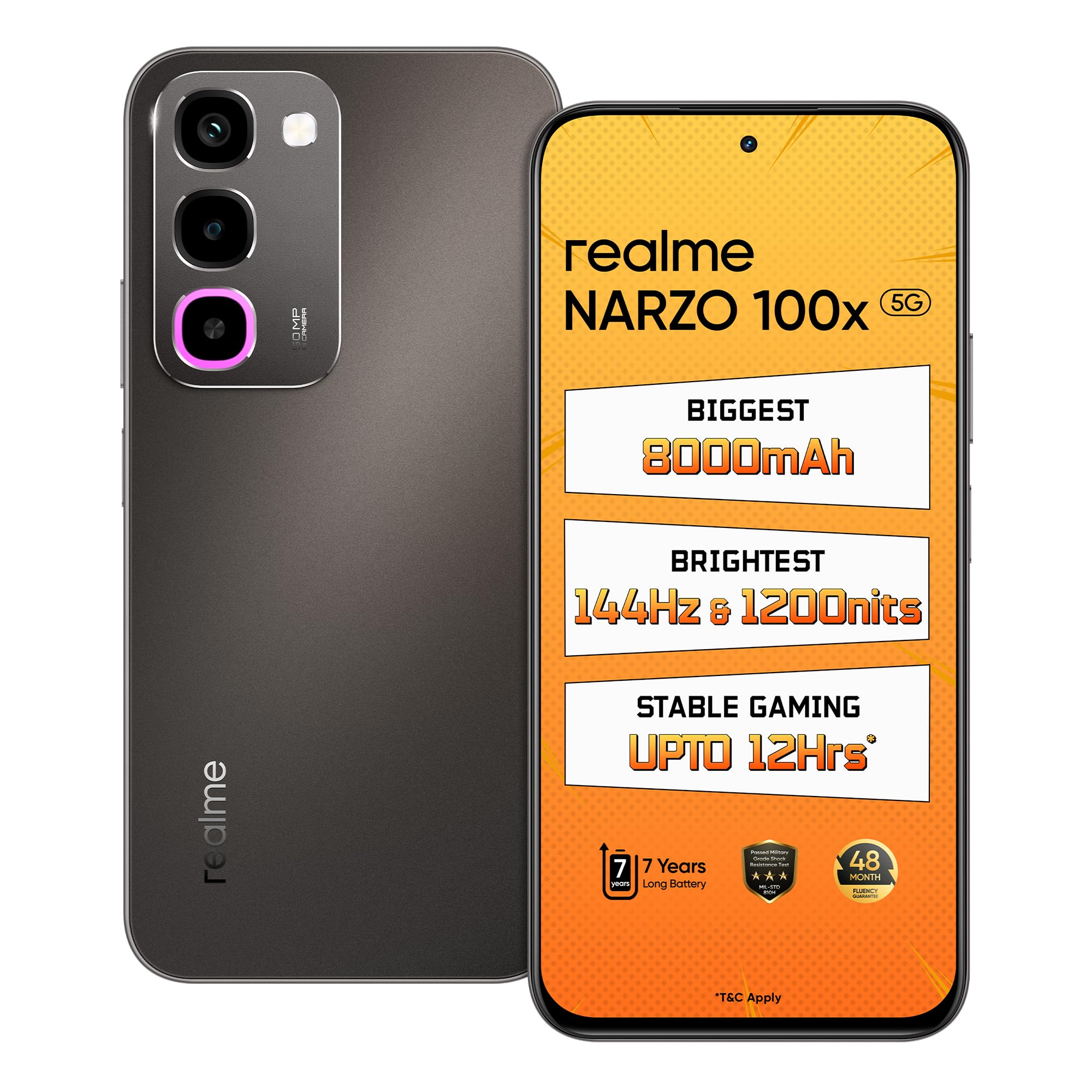 realme NARZO 100x 5G (Midnight Black,6GB+128GB) | Biggest 8000mAh Battery | 45W Fast Charge | 144Hz, 1200nits Bright Display | 7 Years Battery Health | Military-Grade Resistance | 48-Month Fluency