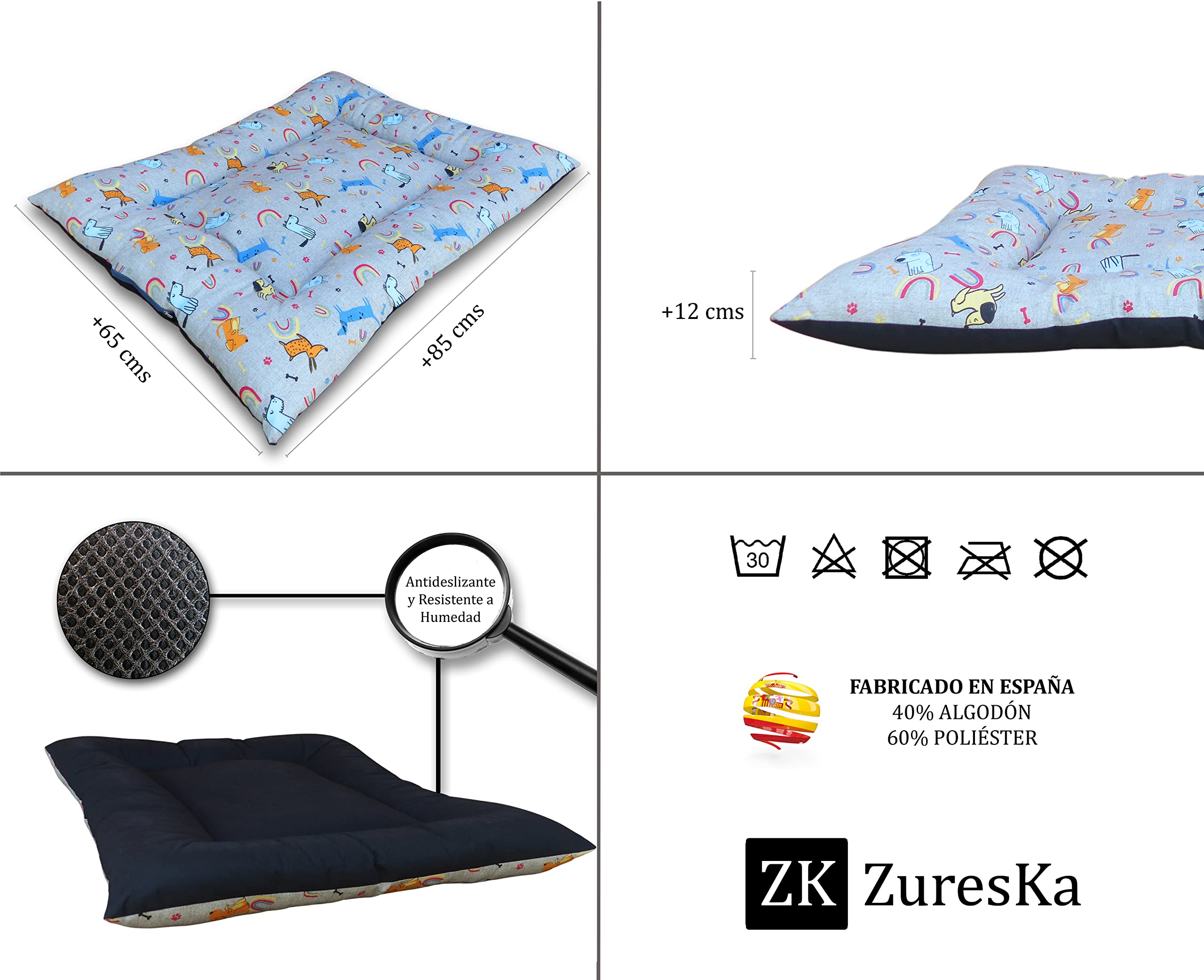 Cama Perro Grande o Mediano - Cojín, Alfombra, Colchón o Colchoneta de Mascota para Suelo, Lavable, 85x65 cm (Large, Arcoiris)