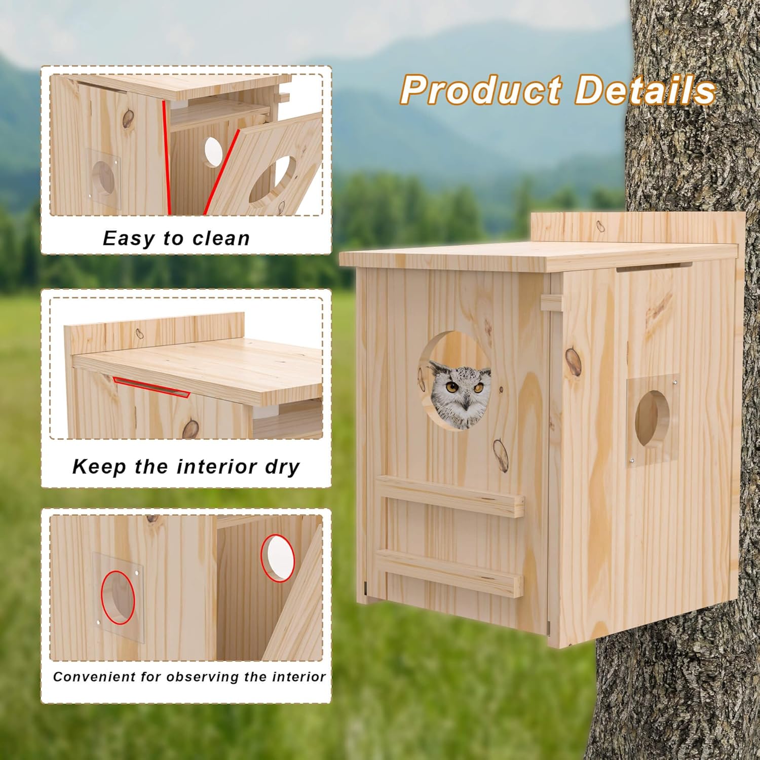 Solar-Powered Smart Owl House with Camera - Outdoor Hanging Wooden Nesting Box, Real-Time View & Motion Detection, for Garden for 2.4g WiFi Coverage Area, for Owl Lovers
