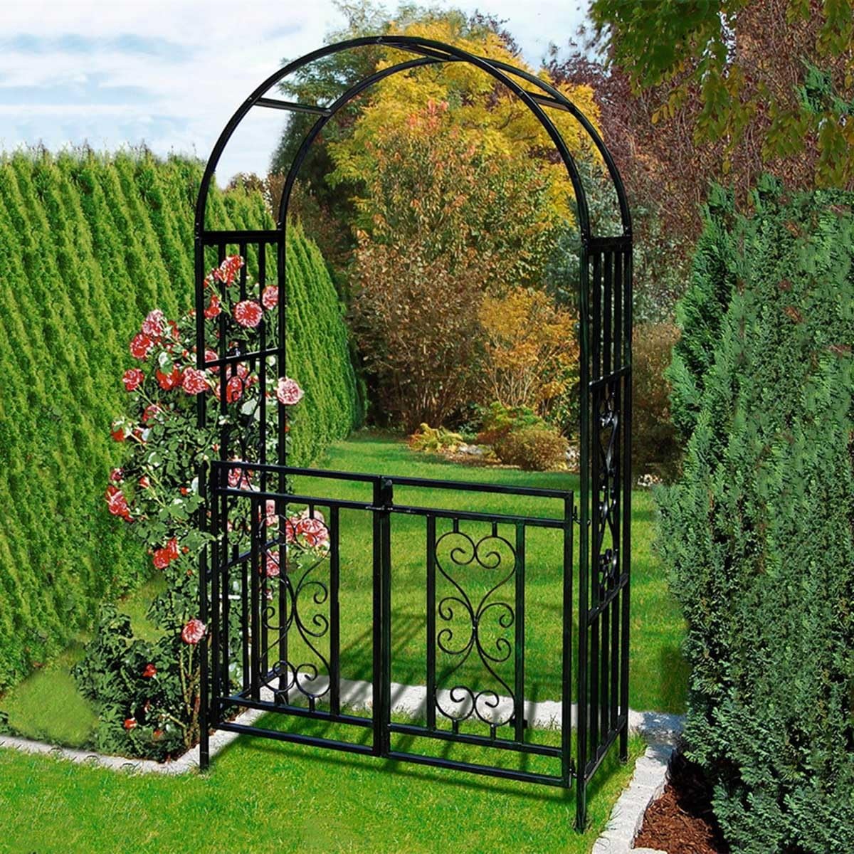 Arche à rosiers avec Porte en métal,Arche de Jardin Noir,Arcade de rosiers 210cm Tuteur Colonne de Jardin,Arceau à Rosiers Pergola pour Plantes grimpantes extérieur