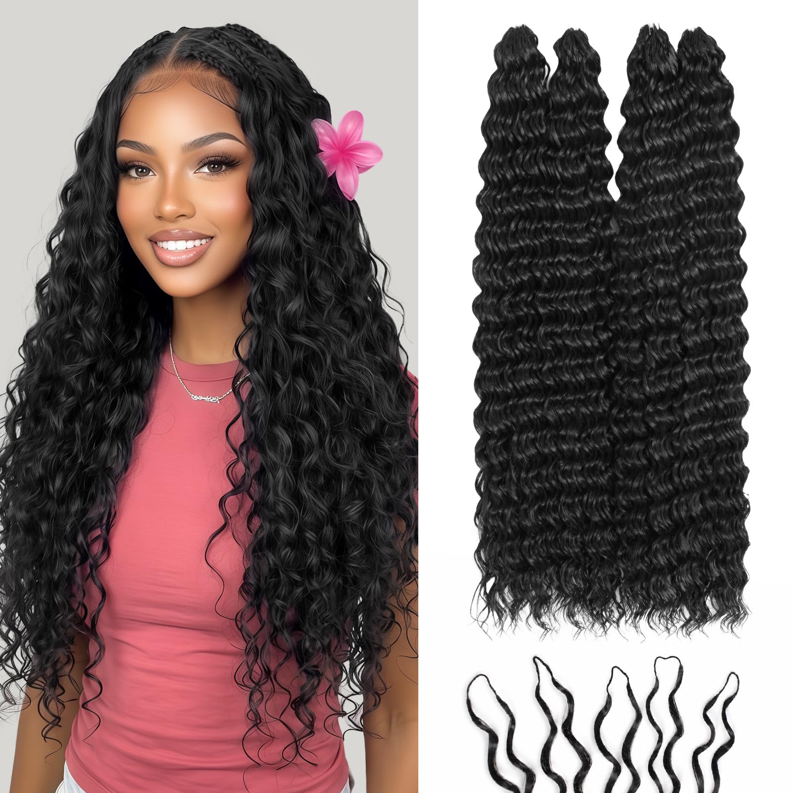 Photo 1 of Miracle Knots Feather Crochet Hair (Deep Wave) - 18" Hand-Tied Synthetic Extensions, 100 Strands Soft Cotton Core Glue-Free Knotless Hair Pieces (Natural Black)