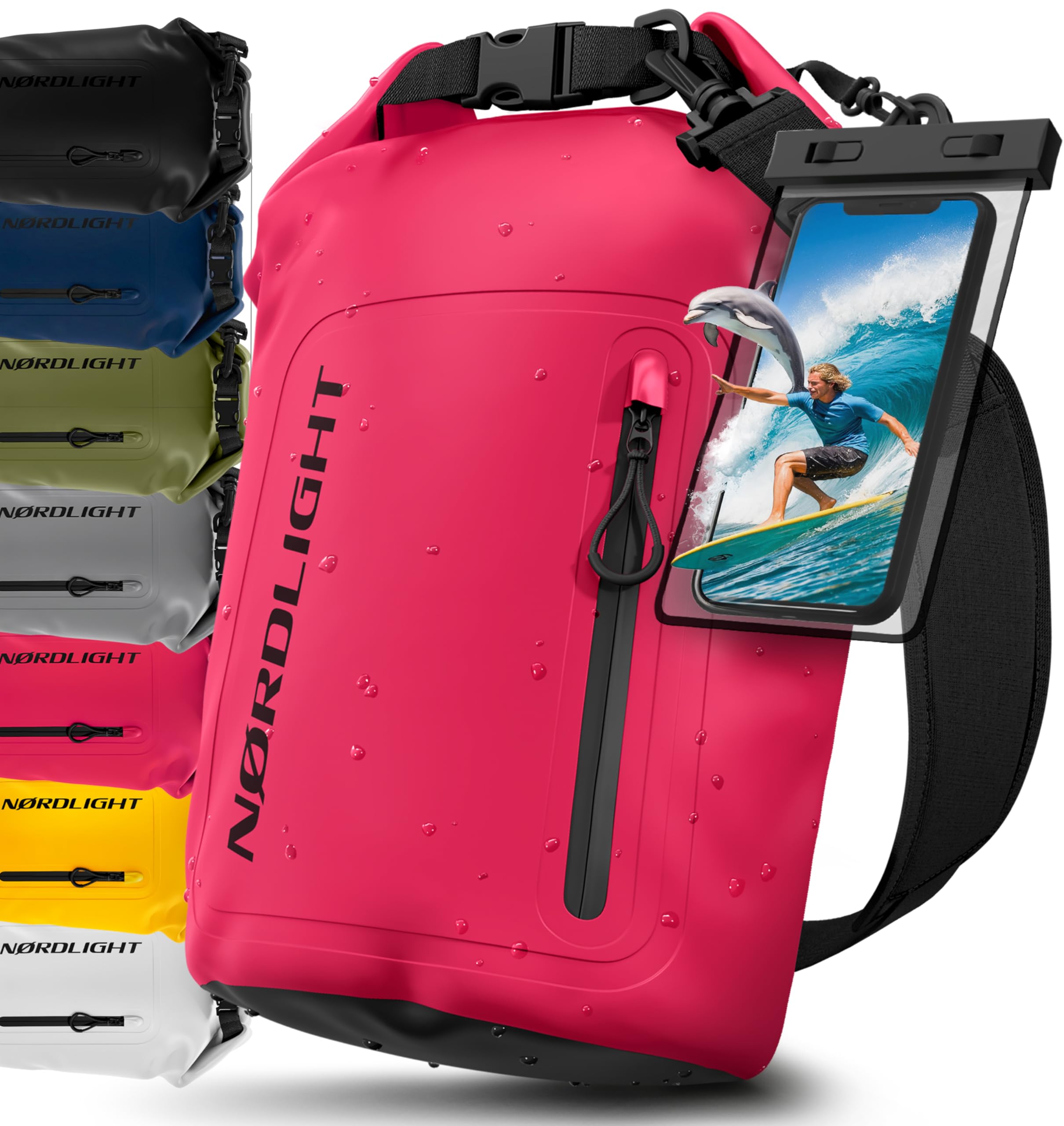 Nordlight Dry Bag wasserdichte Tasche mit Handyhülle + Roll-Top, Schultergurt | Drybag wasserfester Rucksack Beutel Packsack Seesack Wassersack Wetbag | Baden Schwimmen Strand SUP – Pink, 20 Liter