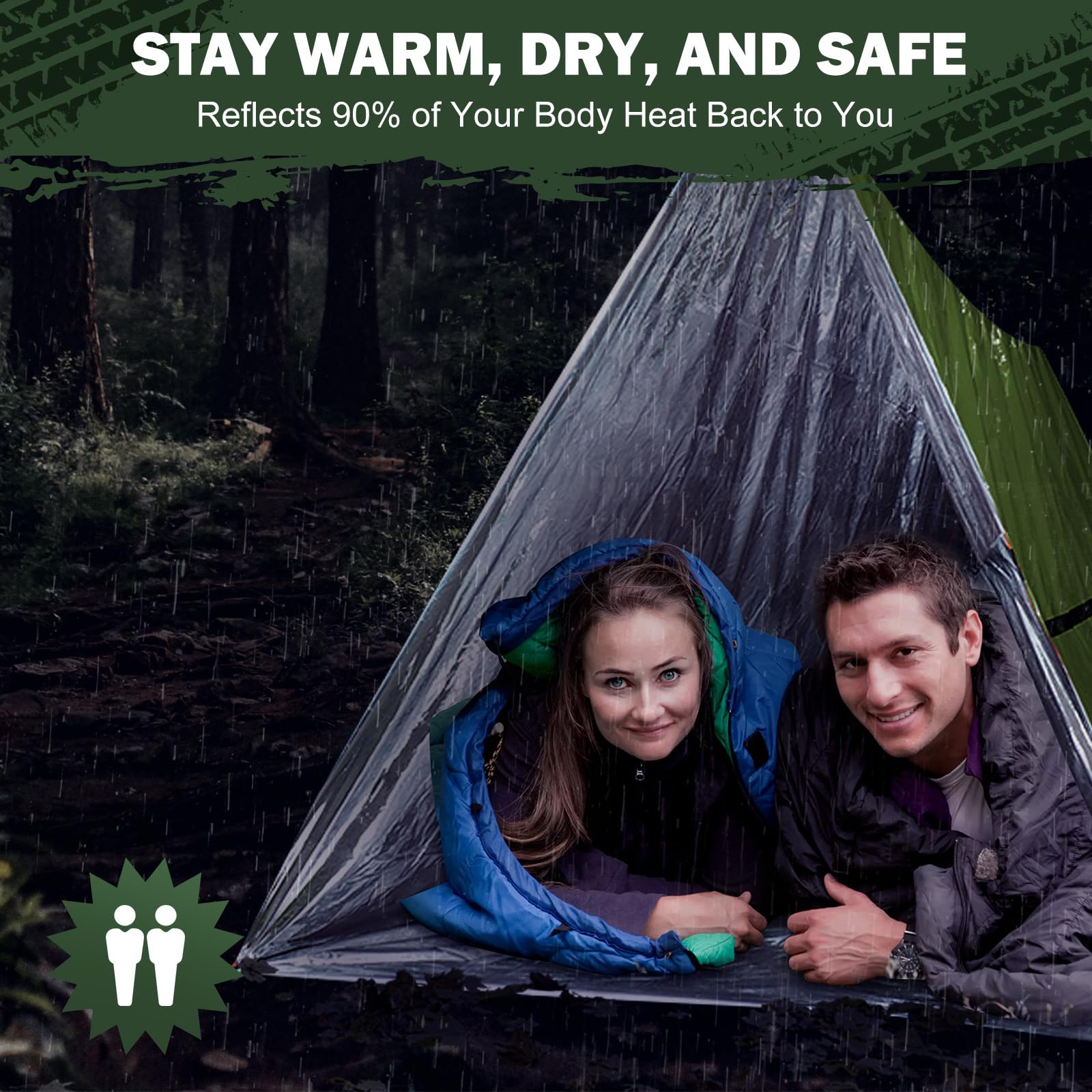 Tente de survie d'urgence – Tente de survie pour 2 personnes en Mylar avec sifflet d'urgence et paracorde, équipement de survie essentiel pour le camping, la randonnée et les kits de survie