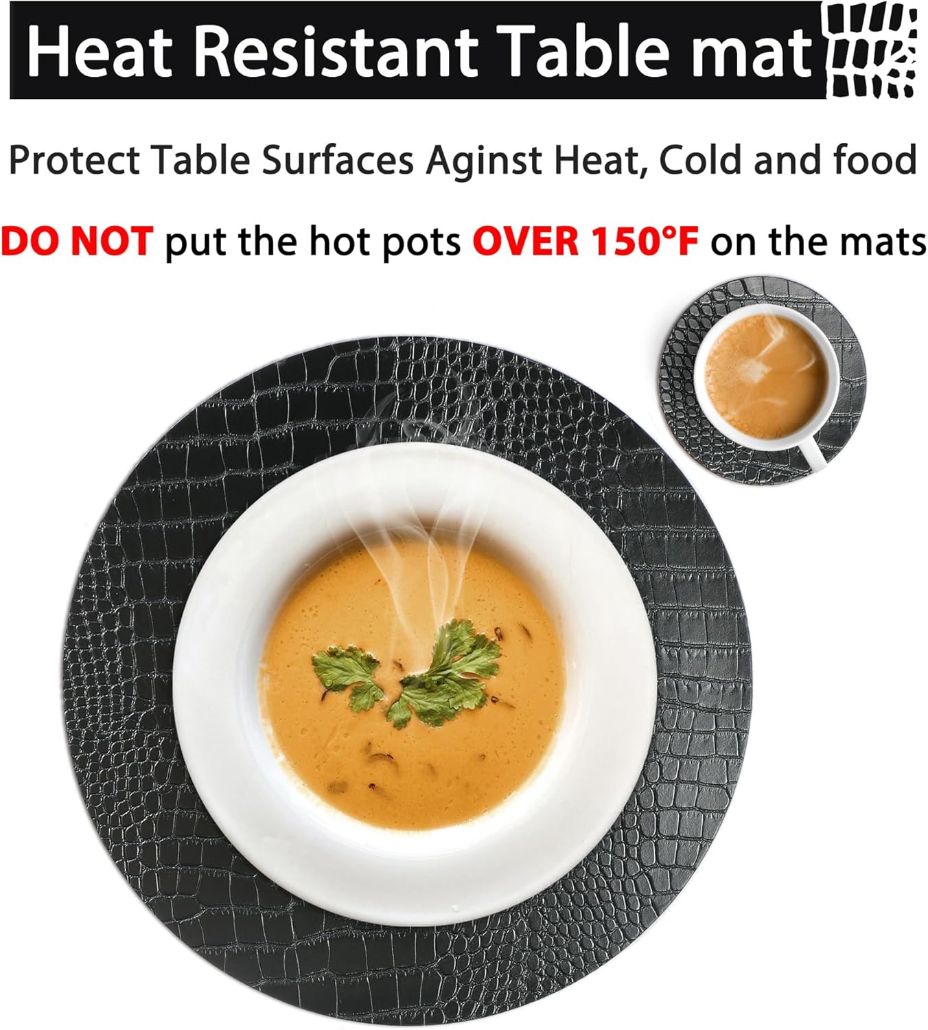 Round Leather Placemats for Round Tables Set of 4, Black Place Mats and Coasters, Washable Easy to Care for Indoor Decor 13" Diameter