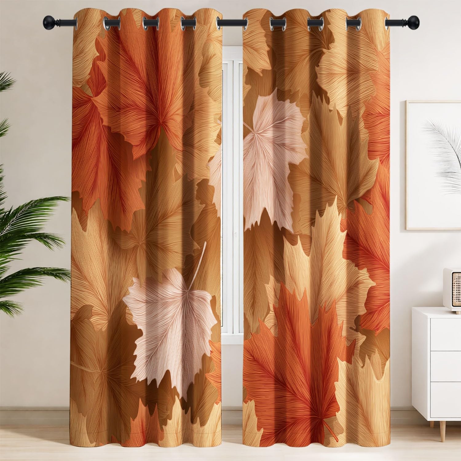 Generisch Herbstblatt Blattader Botanisch Vorhänge mit Ösen Gardinen Blackout Curtain Natürlich Ländlich Thermo Vorhang Weich Schlafzimmer Wohnzimmer Verdunklungsvorhänge 2er Set B 91.5 x H 214 cm