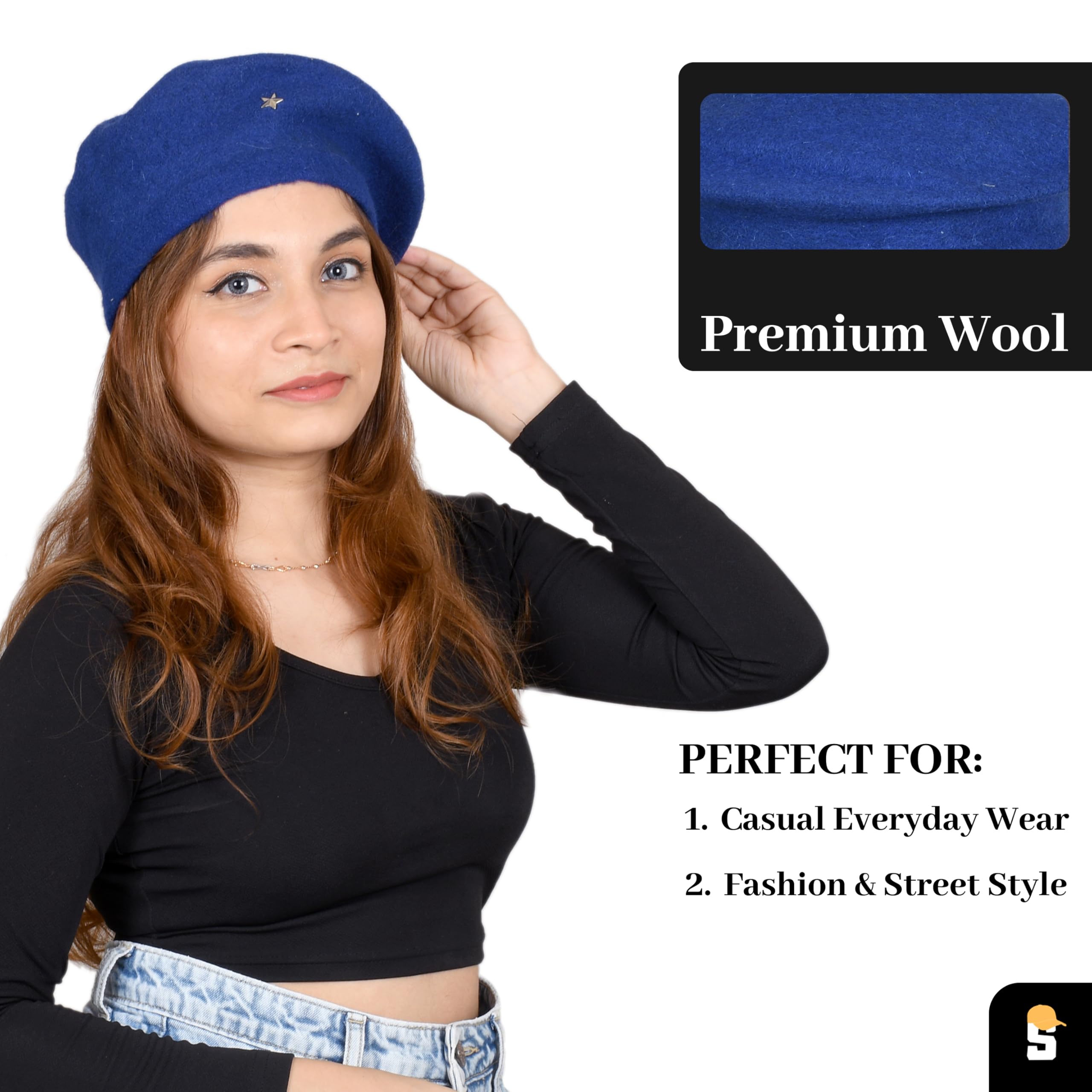 SOUL eTHICS Women's Premium Wool Blend French Artist Beret Cap - Stylish, Warm & Classic - Elegant Winter Beanie Hat for Girls & Ladies -Free Size (in, Alpha, Free Size, Blue, Star) - Image 2 thumbnail