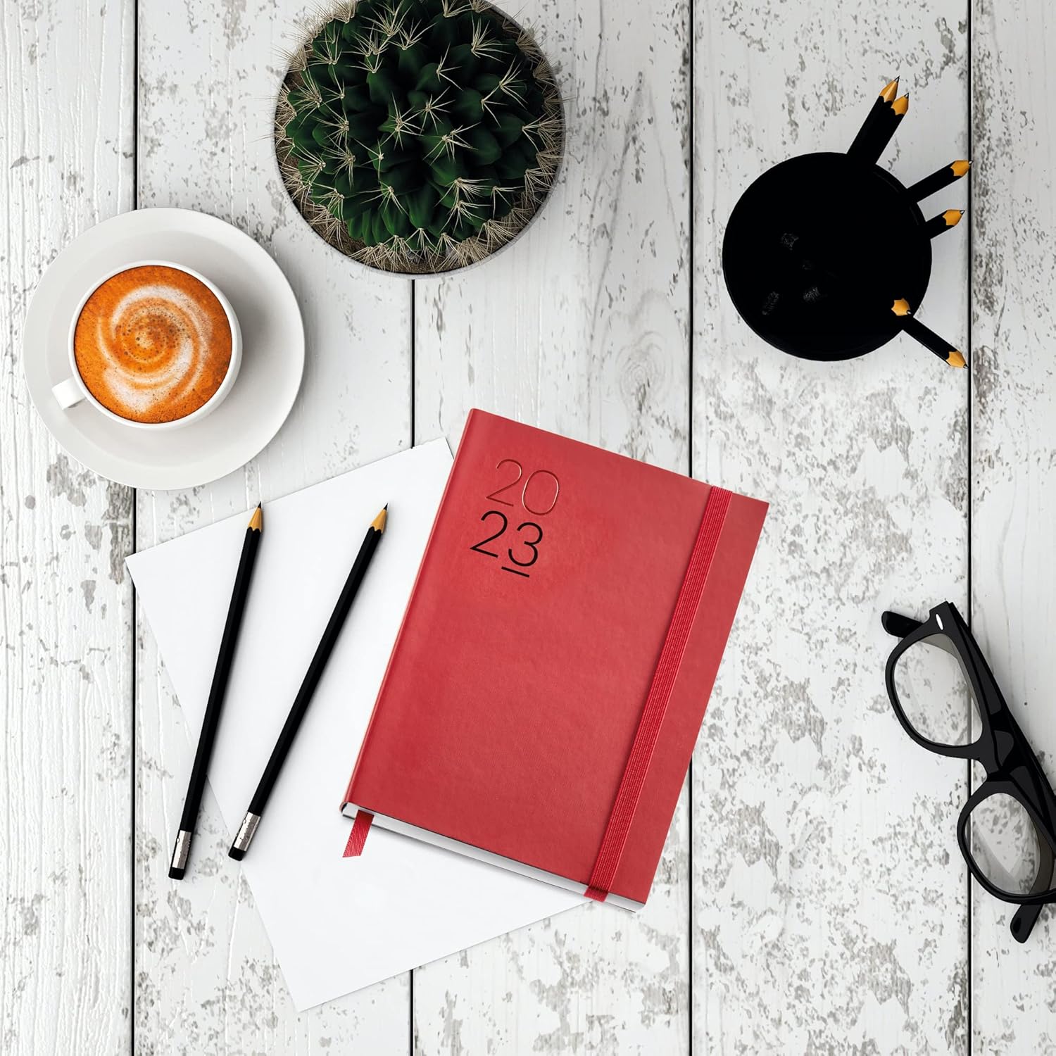 Miquelrius - 2023 Year Planner - Horizontal Week to View - Journal Size 122 x 168 mm - Flexible Stitched Leather Cover - Spanish, English & Portuguese - Red