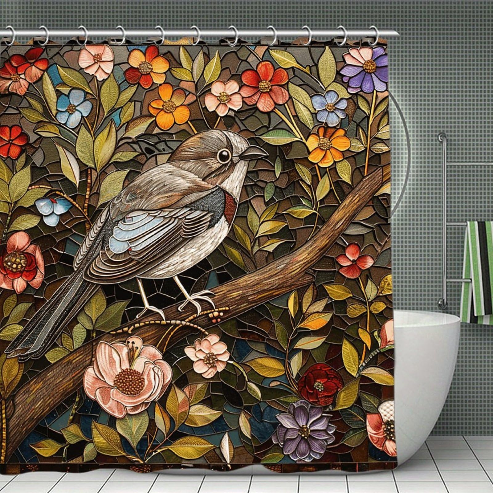 QMNLKH Bird Perched on Branch Shower Curtain with Hooks, Waterproof Bath Curtains for Bathroom, Lightweight Bath Curtains Liner for Hotel, Personalized Bath Curtain for Spa, 70.8 Inch
