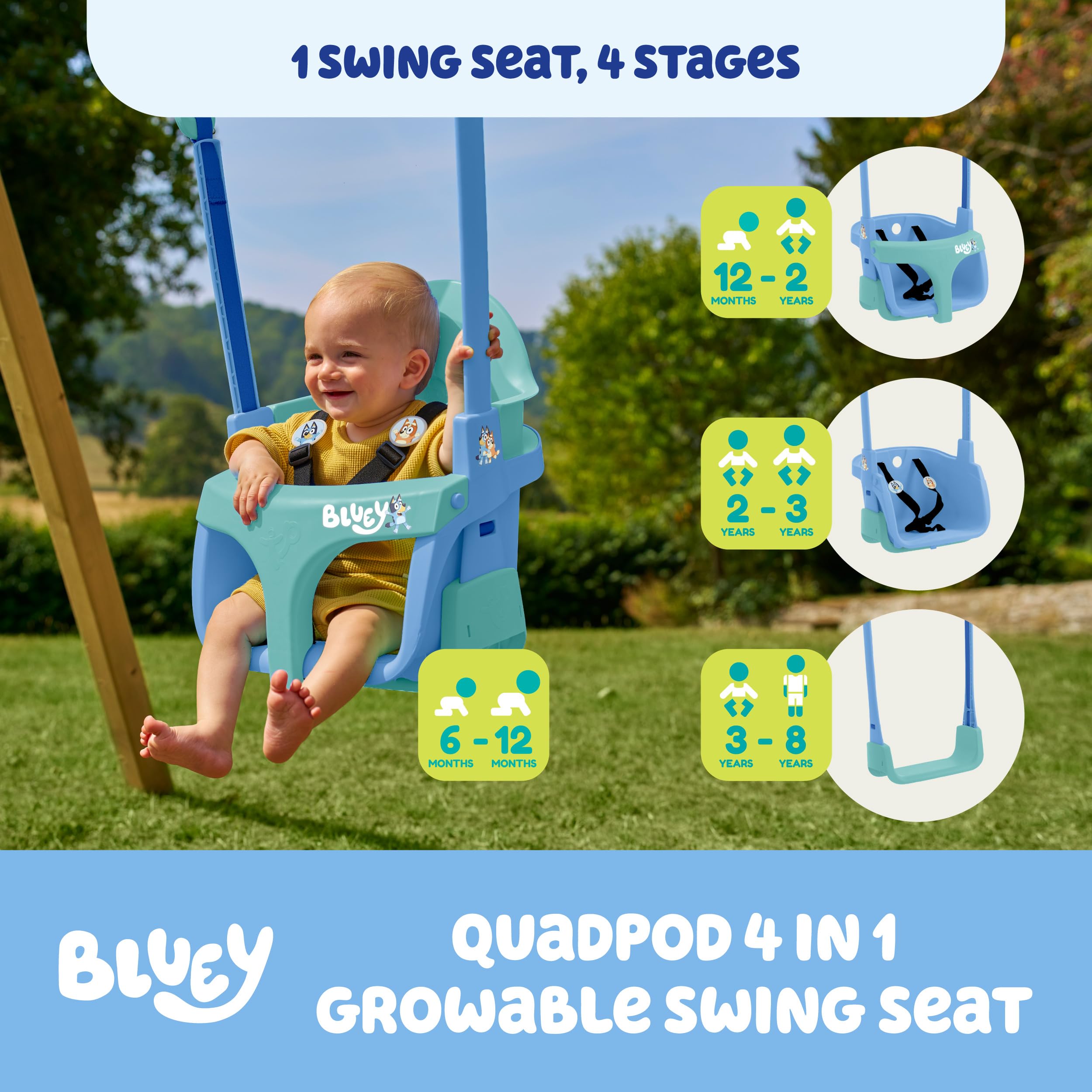 Bluey Quadpod - Asiento de Columpio cultivable 4 en 1, para Parque Infantil al Aire Libre con Cuerdas Ajustables y Correa de Seguridad, Columpio para niños pequeños para Jardines y Parques Infantiles