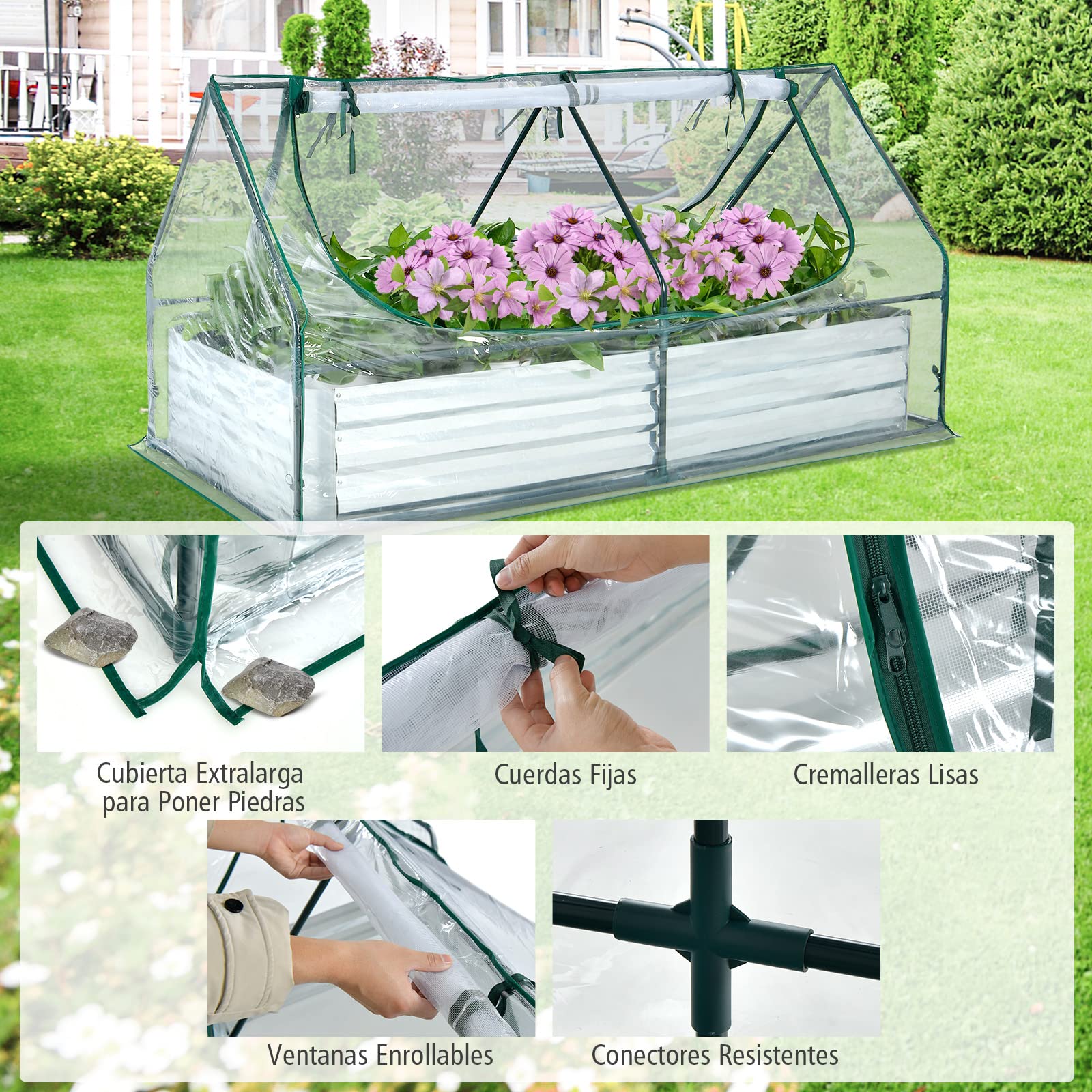 COSTWAY Cama de Jardín Elevada Galvanizada con Invernadero, Huerto Urbano Elevado, Jardinera Exterior sin Fondo con Cubierta, Ventanas Enrollables de 2 Niveles (180 x 90 x 91 cm)
