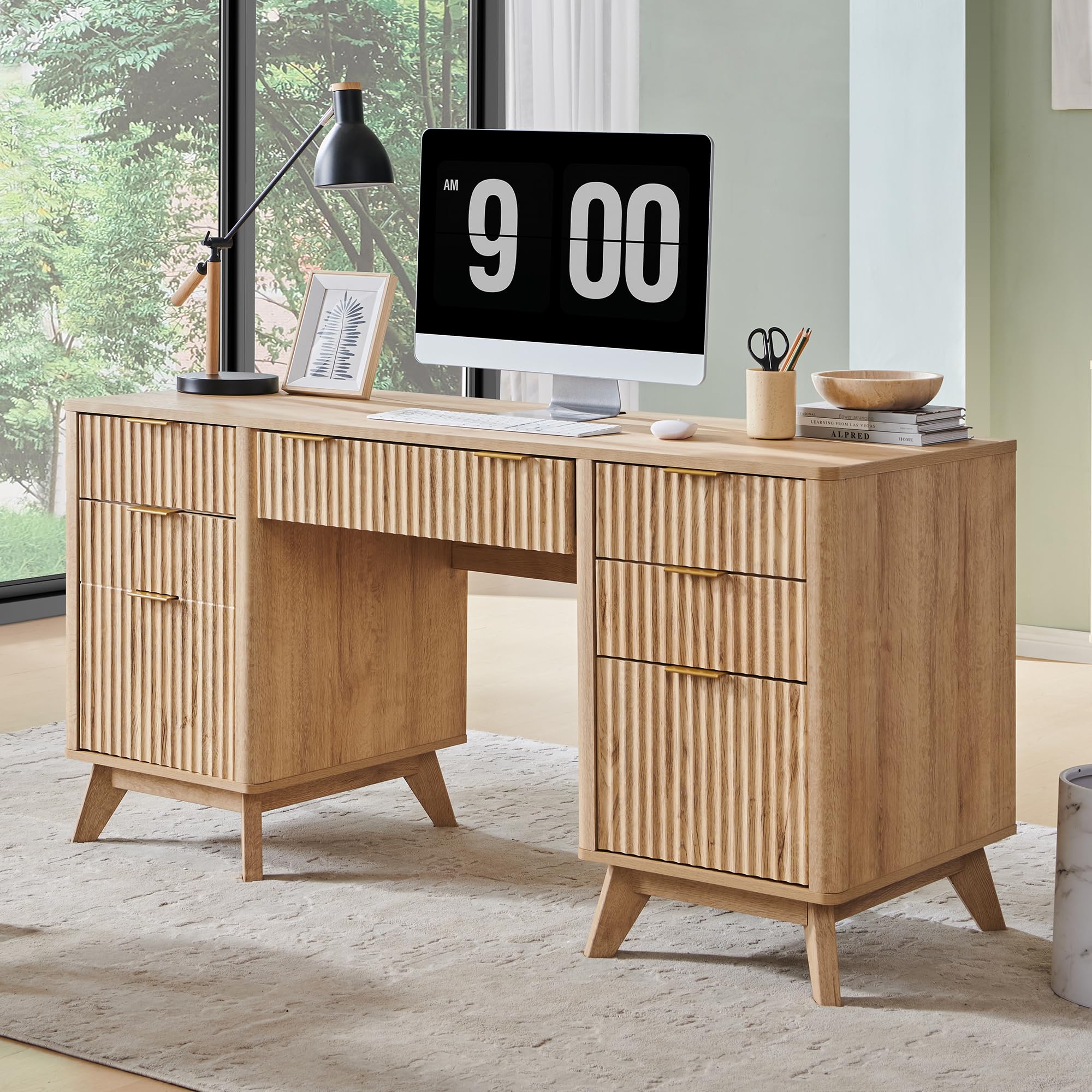 T4TREAM 60'' Fluted Executive Desk with Drawers, Modern Home Office Computer Desk with Charging Station, Keyboard Tray, File Drawer and Storage Cabinet for Study, Living Room, Bedroom, Natural Oak