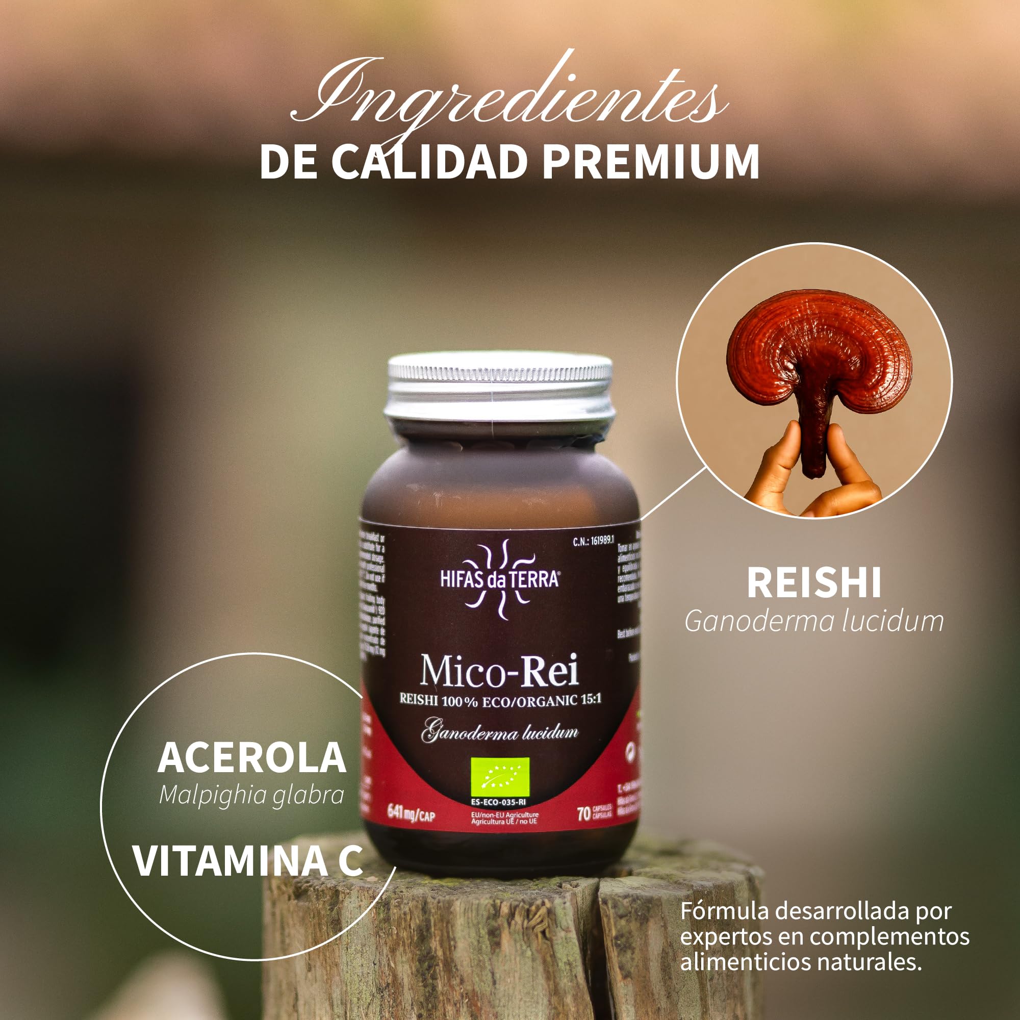 HIFAS DA TERRA - Mico-Rei Extracto Puro de Reishi (Ganoderma lucidum) extracto puro + Vitamina C natural - Extracto de Hongos - Defensas, Circulación y Bienestar Integral - Refill 60 Cápsulas
