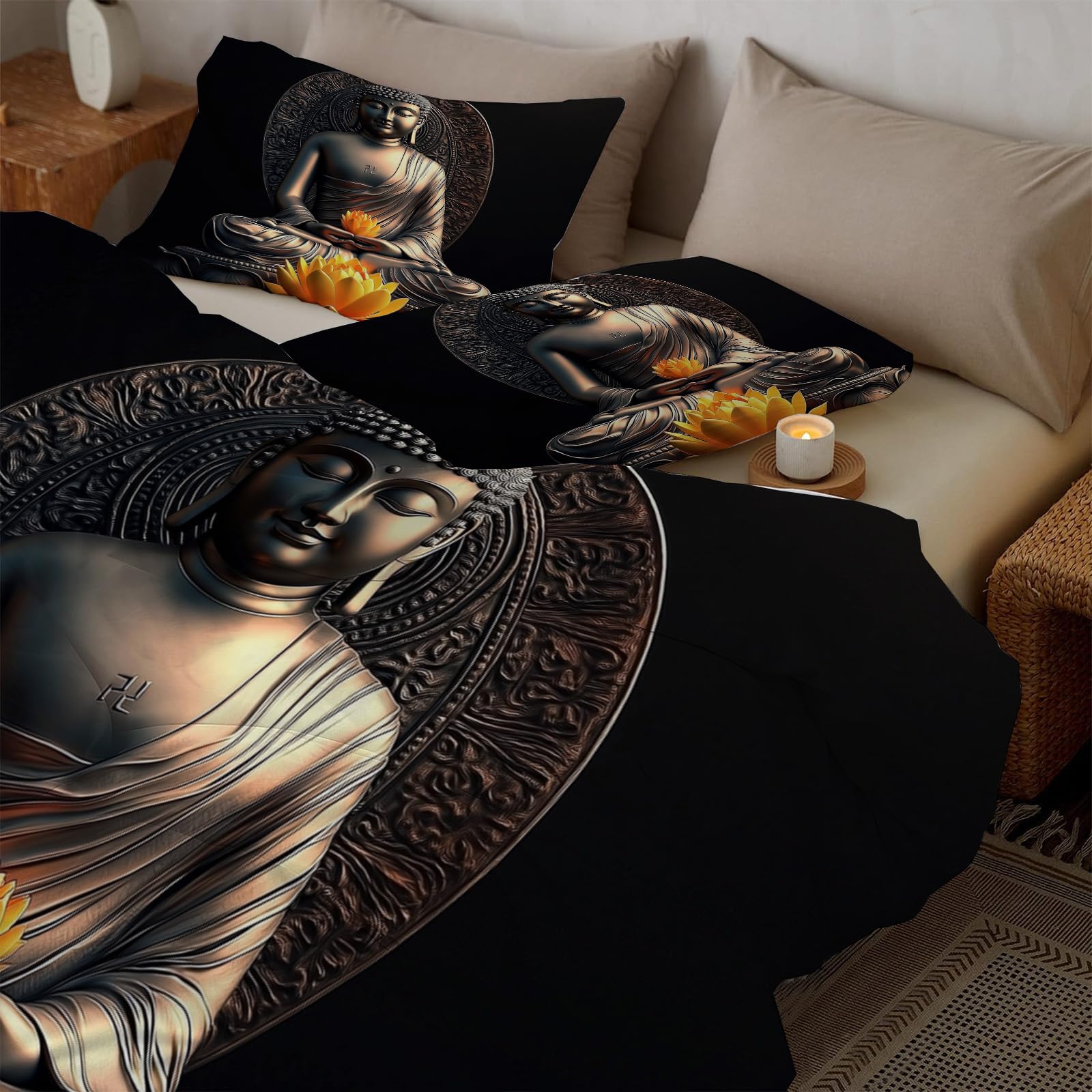 Copripiumino Matrimoniale Statua Di Buddha Realistica, Loto Dorato - Set Parure Copripiumino Matrimoniale In 100% Microfibra 3 Pezzi Con 2 Federa(50X75Cm) Cme Chiusura A Cerniera