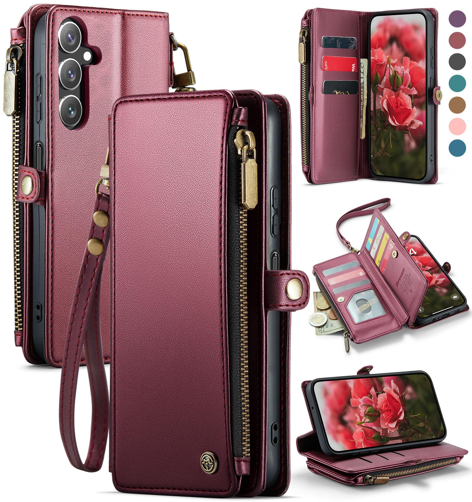 Defencase Compatible with Galaxy A13 5G Case Wallet with RFID Blocking Card Holder for Women Men, PU Leather Magnetic Snap Flip Zipper Strap Wallet