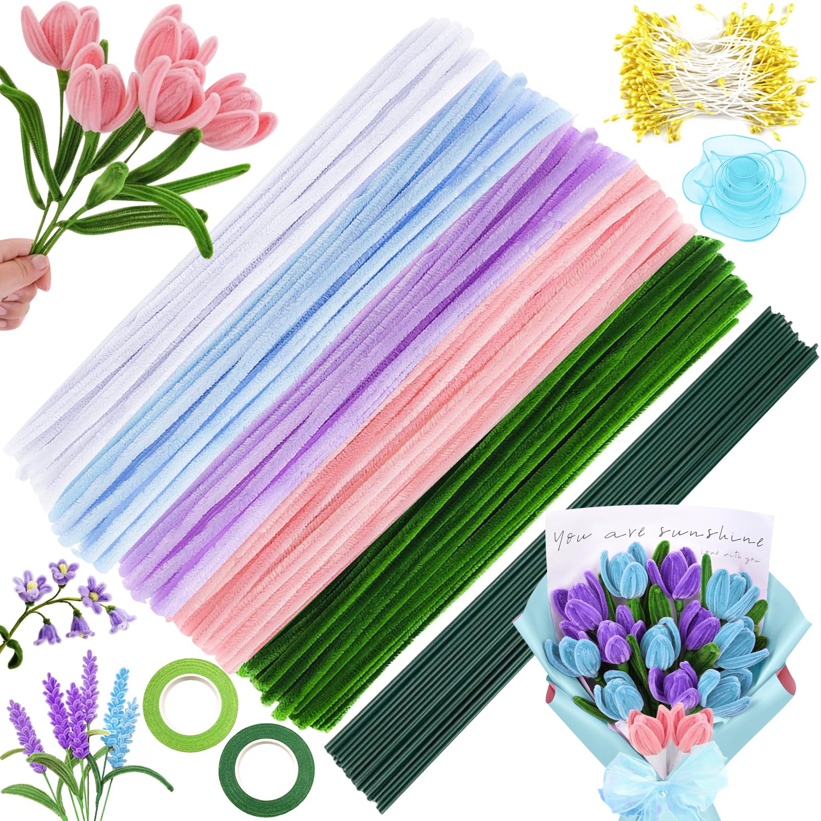 Kit 250 Pièces Fil Chenille Multicolores + Accessoires - Cure-Pipes Créatifs Pour Bouquets De Fleurs DIY