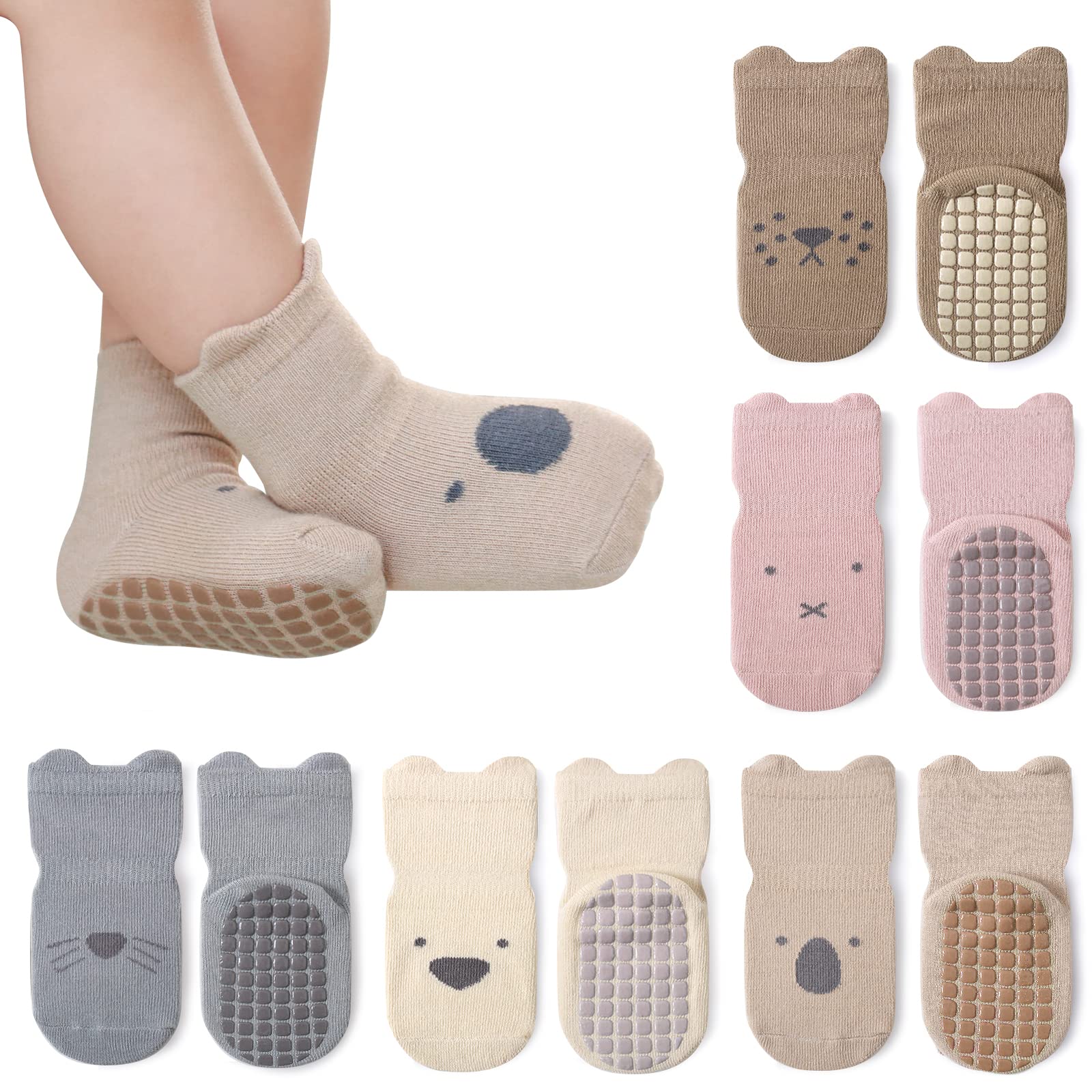 Auranso Baby Socks 5 Pairs Boys Non Slip Grip Socks Kids Girls Cotton Cartoon Animal Pattern Toddler Socks with Grips 6-12/12-18 Months, UK Size 1-9.5, Color-F, 0-12 Months